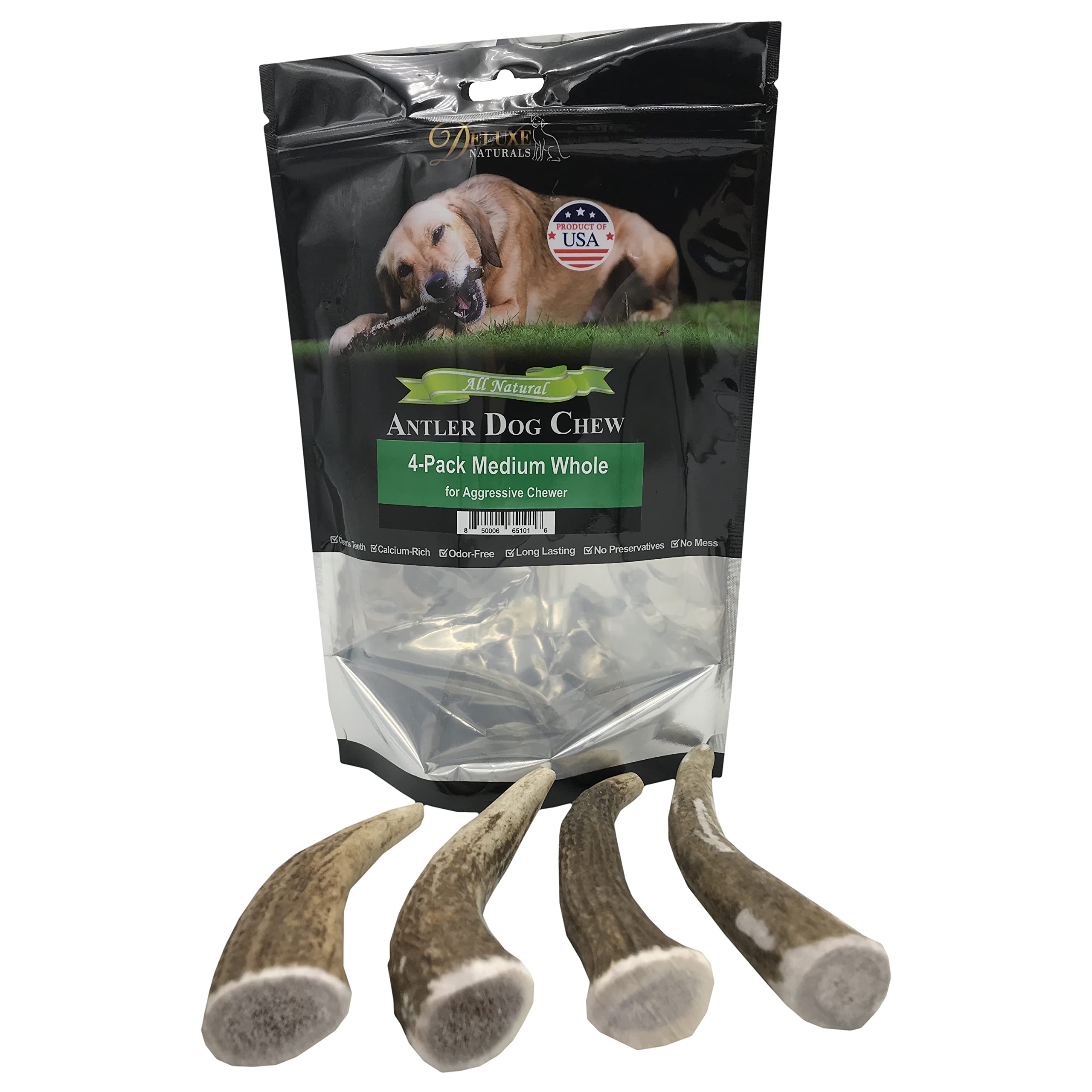 Premium USA-Collected Elk Antler Chews for Dogs - All Natural, A-Grade, Naturally Shed | Medium Whole Antlers (4-Pack) | Long-Lasting Dental Chew for Aggressive Chewers & Puppy Teething Relief