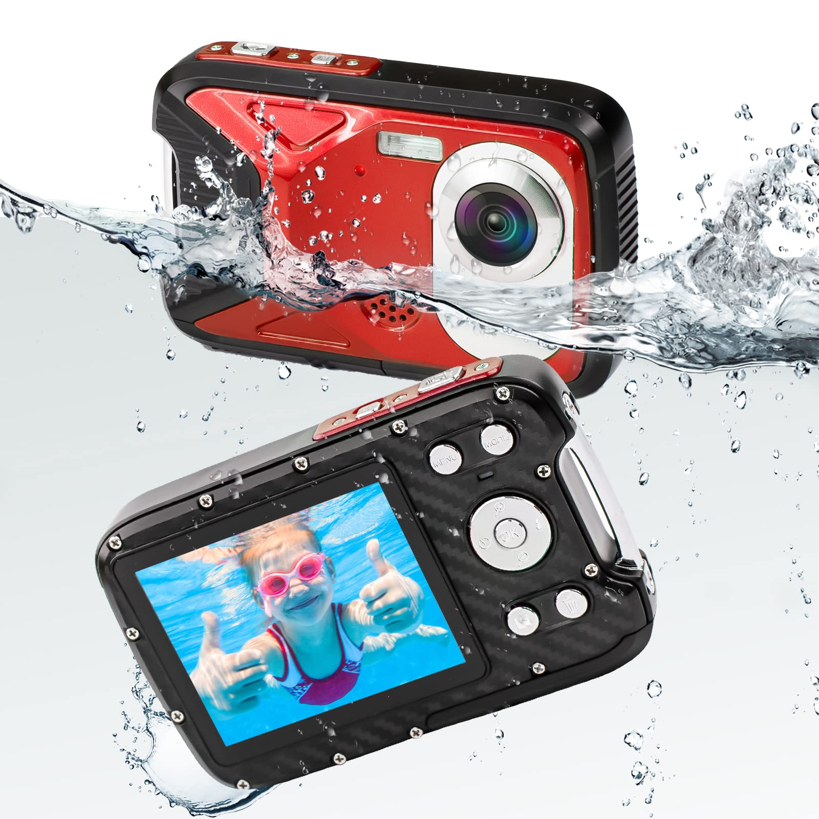 Waterproof Digital Camera 1080P HD 21MP - 17FT Underwater Camera with Rechargeable Battery & 32GB SD Card - Point and Shoot Camera for Kids Snorkeling, Swimming, Beach Vacations & Water Sports (Red)