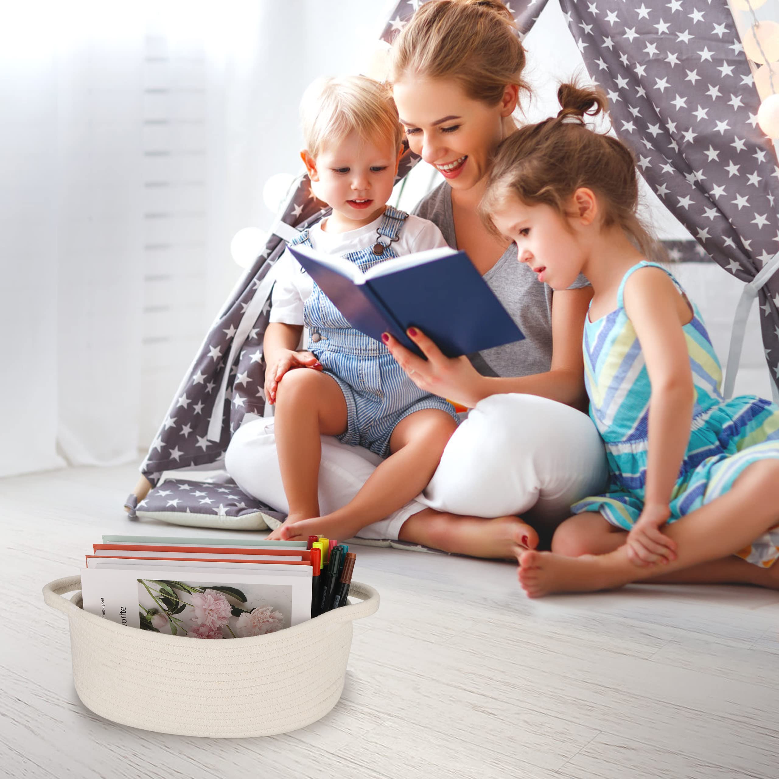 Small Woven Cotton Rope Storage Basket with Handle - Cute Oval Baby Nursery Organizer, Pet Toy Bin, Easter Basket for Home Decor & Kids Room Organization (White)