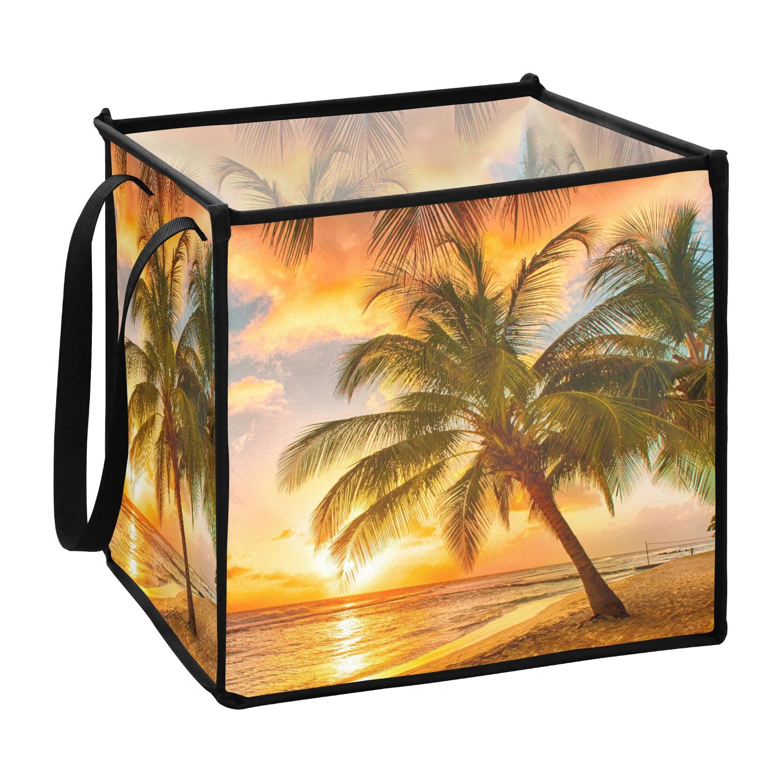 Collapsible Storage Bins with Handles - 13x13x13 Inch Tropical Palm Tree Beach Sunset Design Fabric Cube Organizer for Toys, Nursery, Shelves & Closet | Perfect for Home Organization, Kids' Room & Beach-Themed Decor