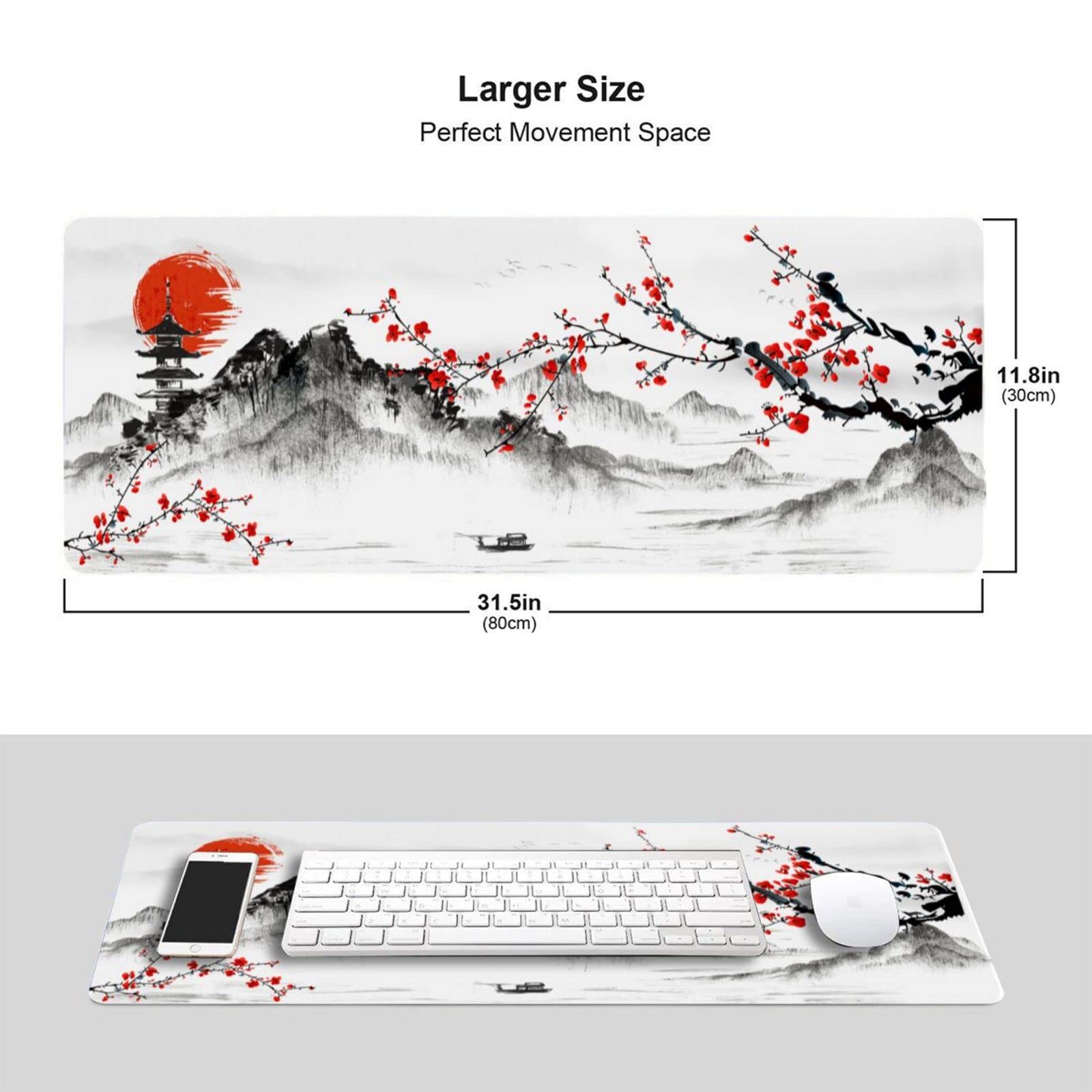 Cherry Blossom Gaming Mouse Pad - 31.5 x 11.8 Inch Large Japanese Sakura Design with Stitched Edges, Non-Slip Rubber Base & Waterproof Surface - Perfect for Office Work, PC Gaming & Home Computer Setup