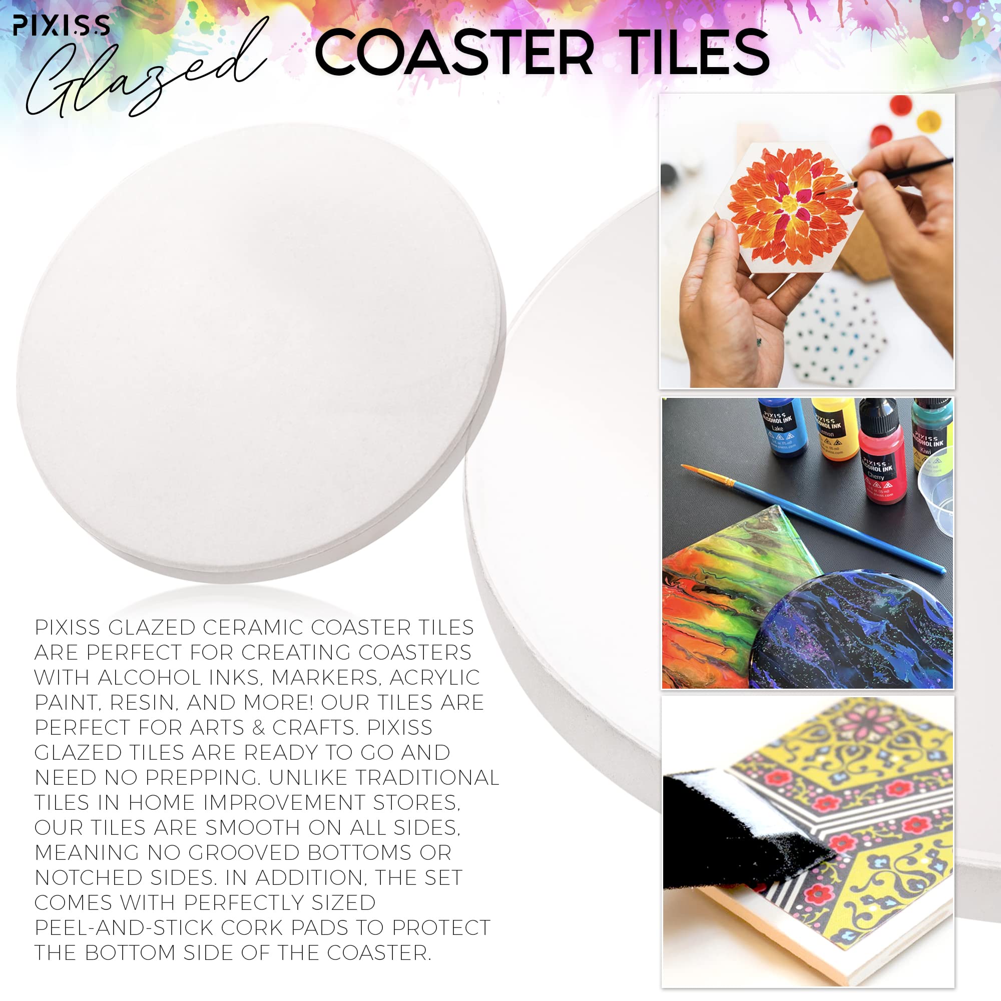 Pixiss 100-Pack 4x4 Inch Glazed Ceramic Coasters with Cork Backings - DIY Blank Square Tiles for Alcohol Ink, Acrylic Pouring & Painting - Perfect for Home Decor, Craft Projects & Party Supplies