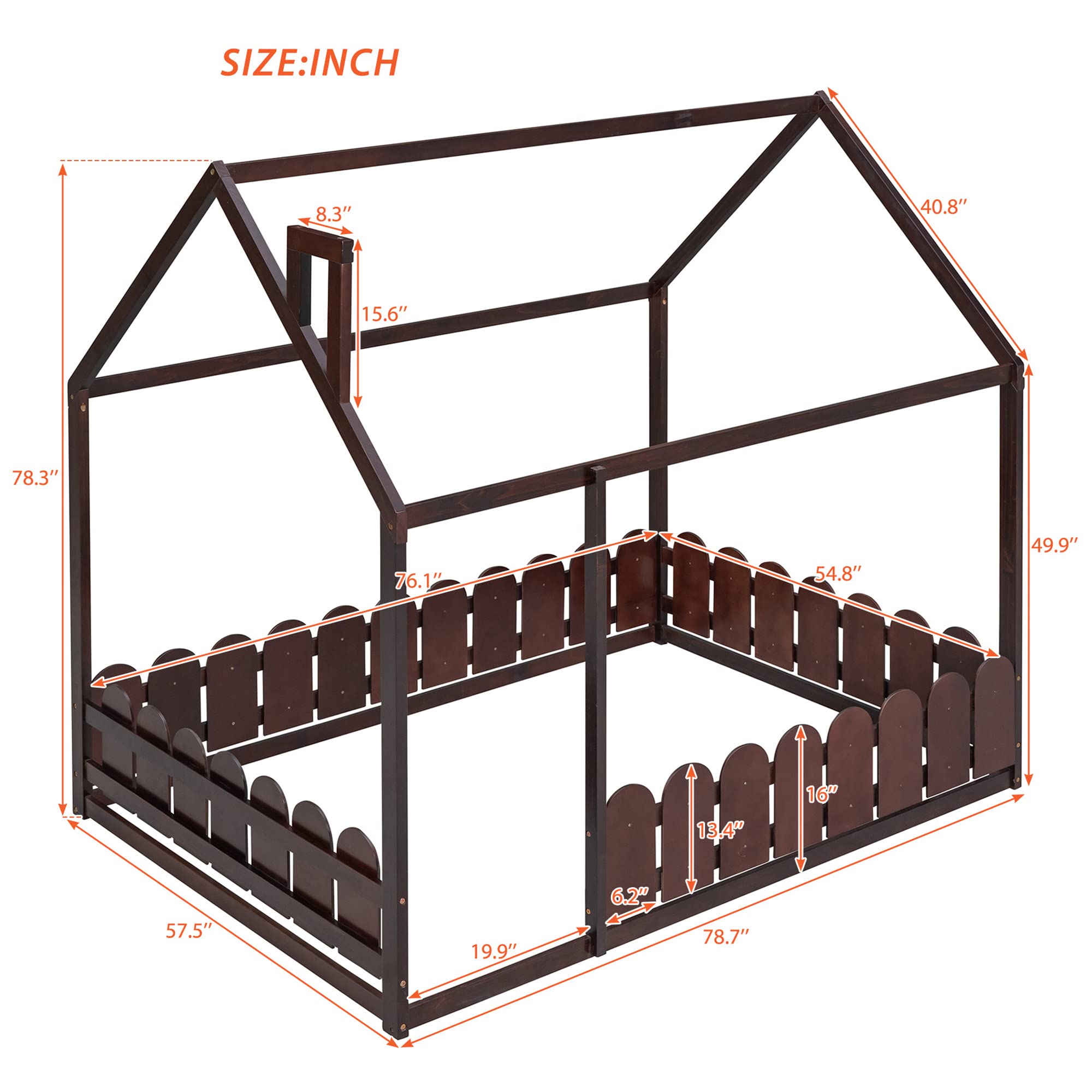 P PURLOVE Full Size Wooden House Bed Frame with Fence-Style Guardrails - No Slats Included - Espresso Finish - Perfect for Kids, Teens, Boys & Girls Bedrooms, Playrooms or Nursery Decor