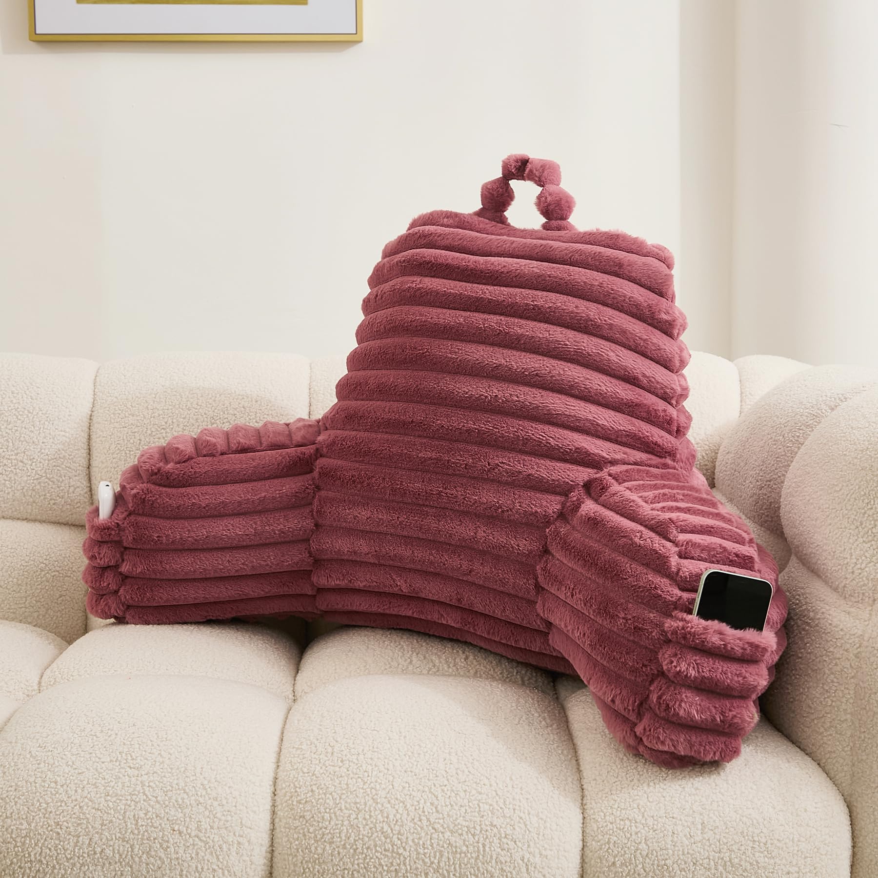 WERDIM Large Faux Fur Reading Pillow with Arms and Pockets - Comfortable Bed Rest Pillow for Sitting in Bed, Sofa or Floor - Dusty Rose (Perfect for Reading, Watching TV, Gaming & Relaxing)
