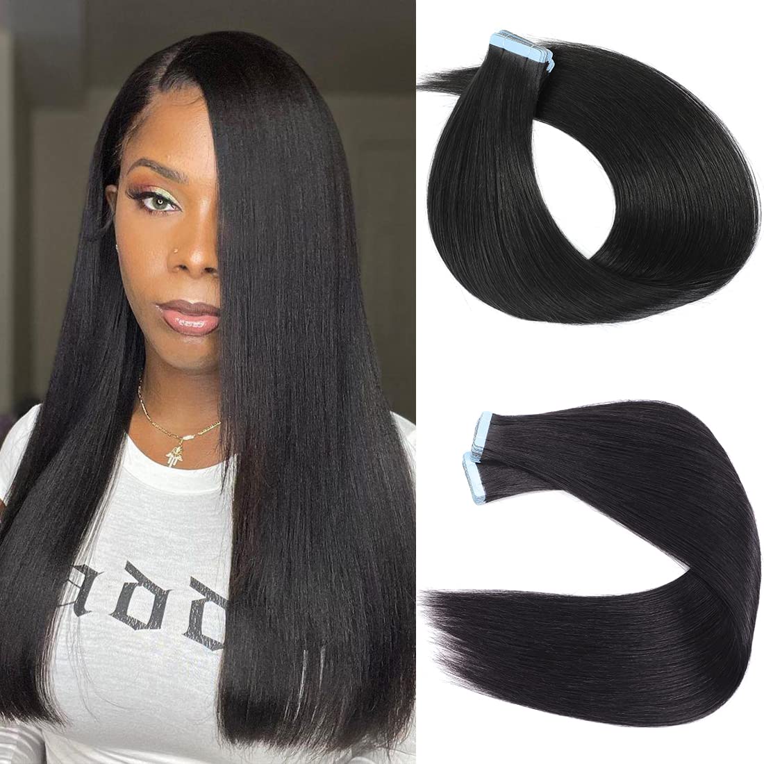 40 Pcs Tape in Hair Extensions - 100% Human Hair, Light Yaki Straight, Seamless & Invisible - Natural Black Color, 18 Inch for Black Women | Perfect for Daily Wear, Parties & Special Occasions