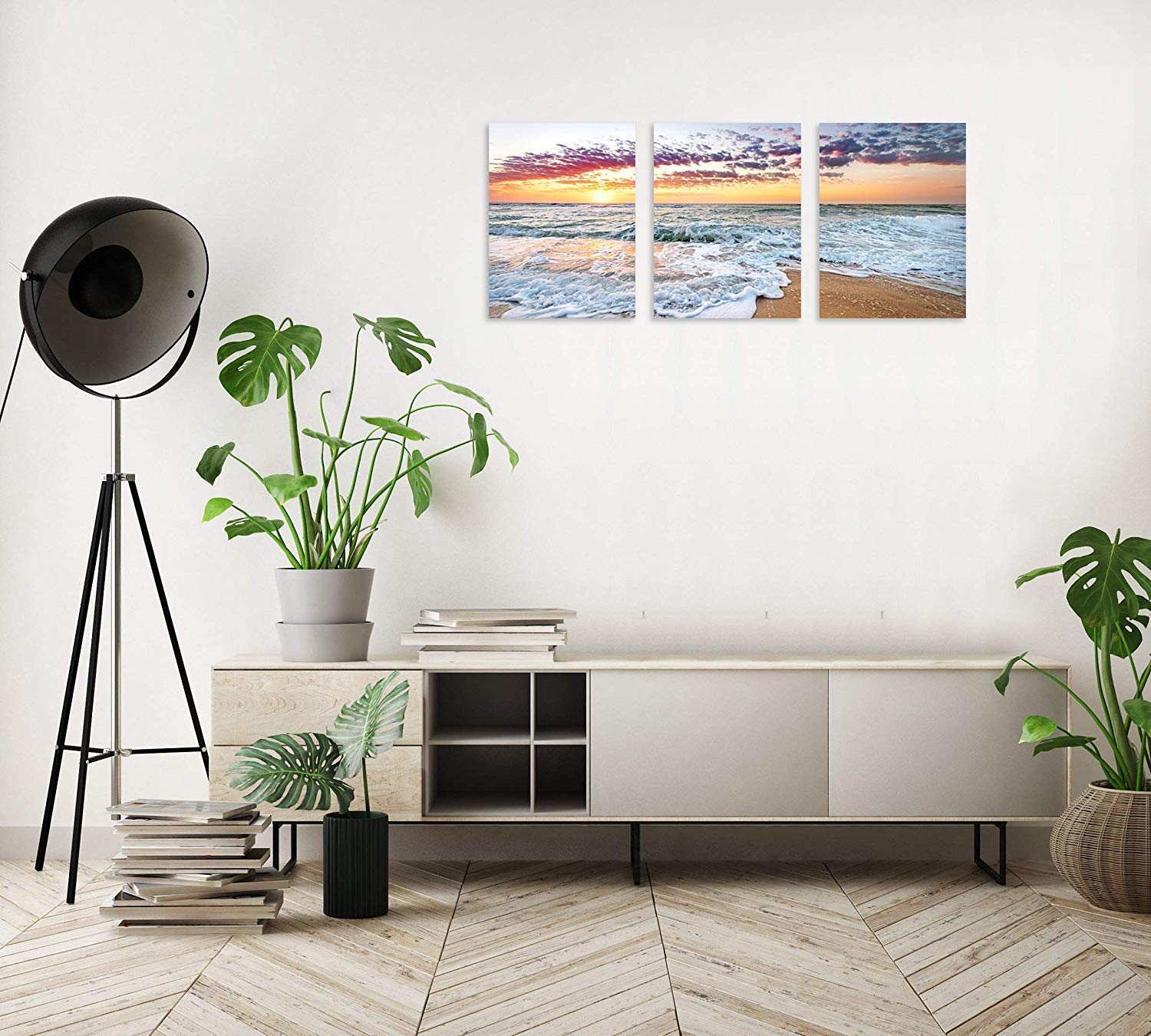 TutuBeer 3-Panel Beach Wall Art - Coastal Home Decor with White Sand Sunrise & Deep Blue Sky - 12x16 Inch Framed Beach Pictures for Living Room, Bedroom & Kitchen - Perfect Beach House Decorations & Ocean Themed Gifts