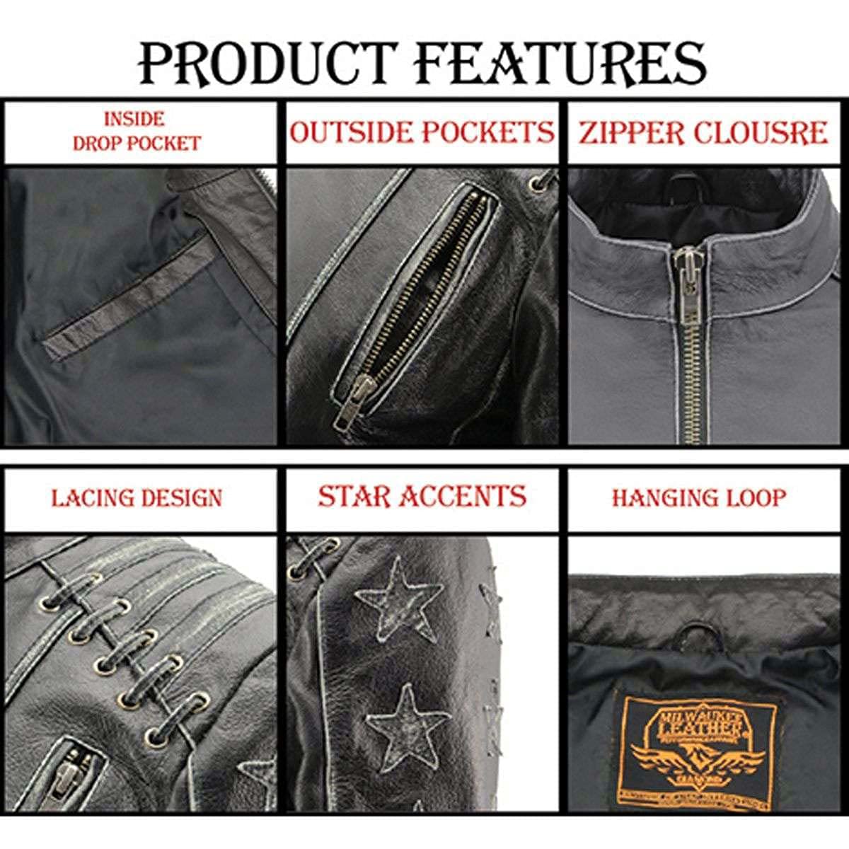 Milwaukee Leather MLL2526 Women's Distressed Gray Lace-Up Leather Jacket - Elegant Biker Style for Casual Outings & Night Out