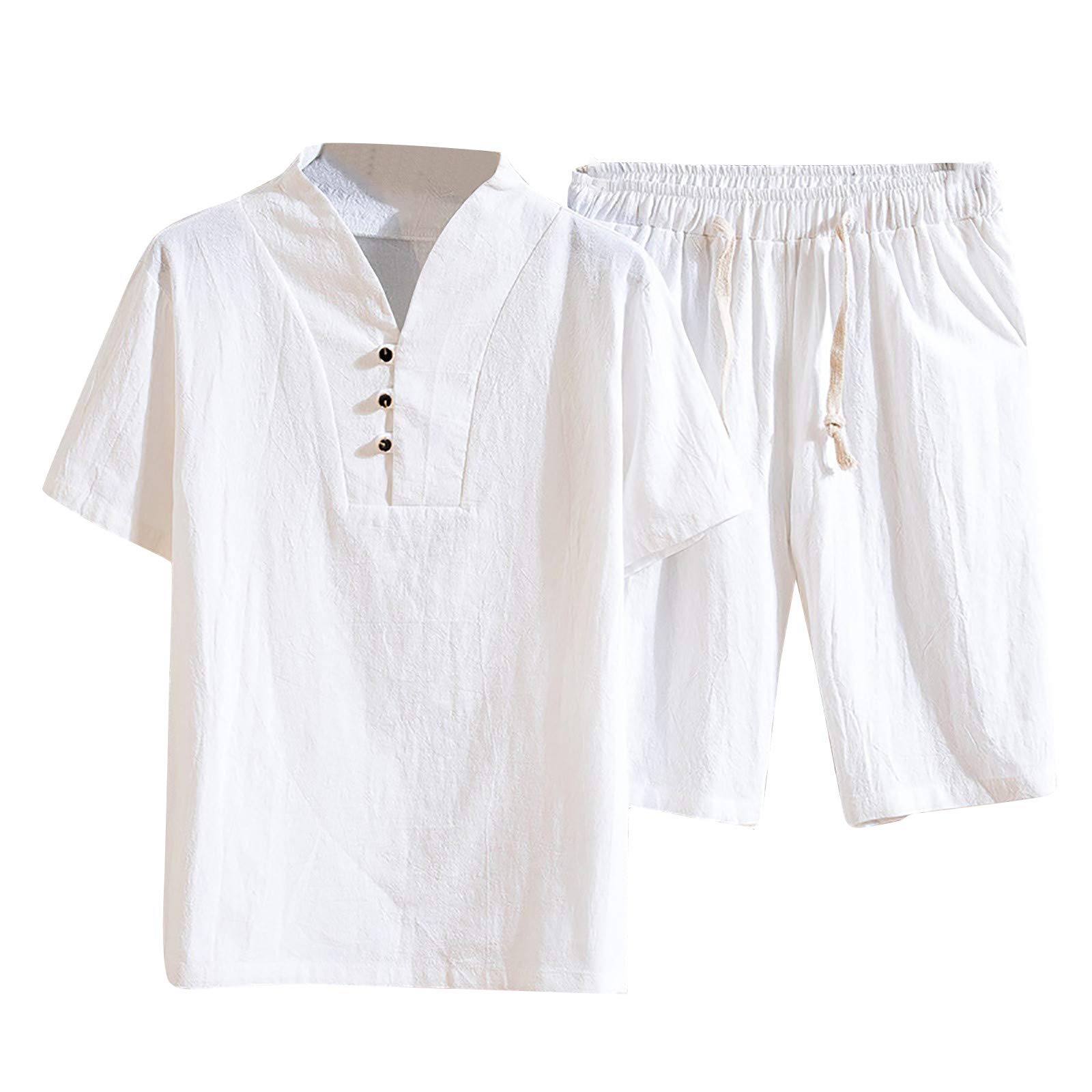 Men's Summer T-Shirt & Shorts Set - Breathable Cotton Linen Short Sleeve Tee with Casual Sweatpants - Plus Size Outfit for Beach, Vacation & Casual Wear