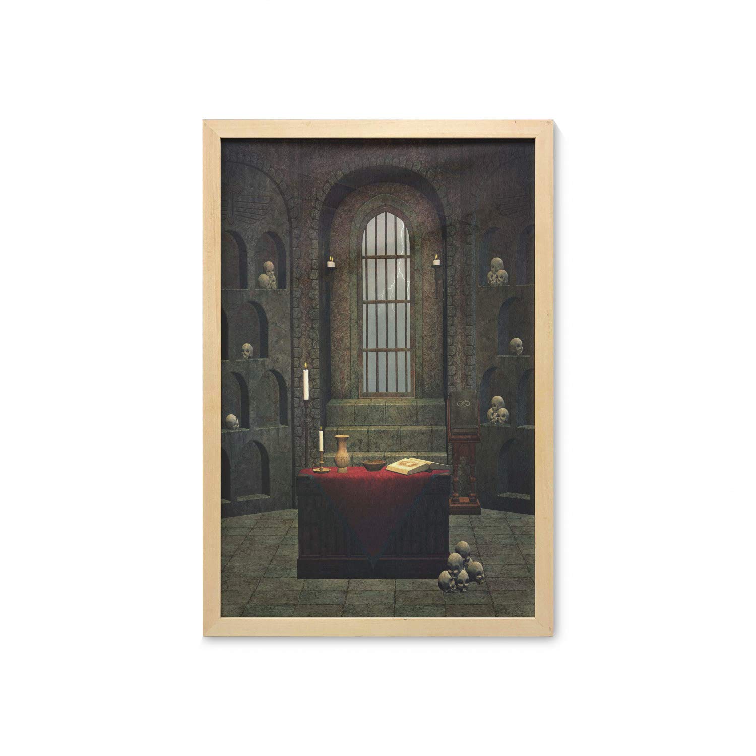 Ambesonne Gothic Wall Art with Frame - Fantasy Witch & Warlock Spell Casting Scene with Skulls, Candles & Spooky Decor - Printed Fabric Poster 23