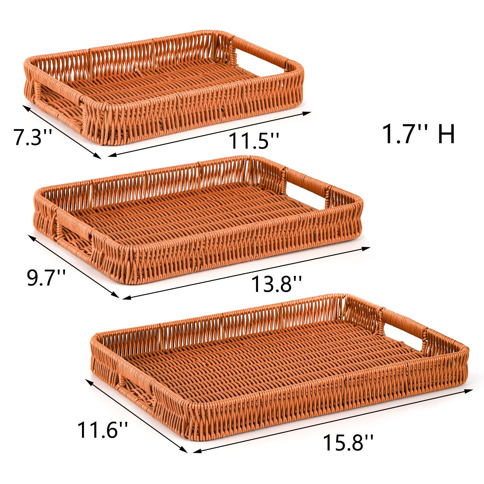 Yarlung 3-Pack Woven Storage Baskets with Handles - Rectangular Poly Wicker Serving Trays for Bread, Fruit, Vegetables, Snacks & Drinks - Perfect for Breakfast, Dining Table, Coffee Table & Kitchen Organization (3 Sizes)