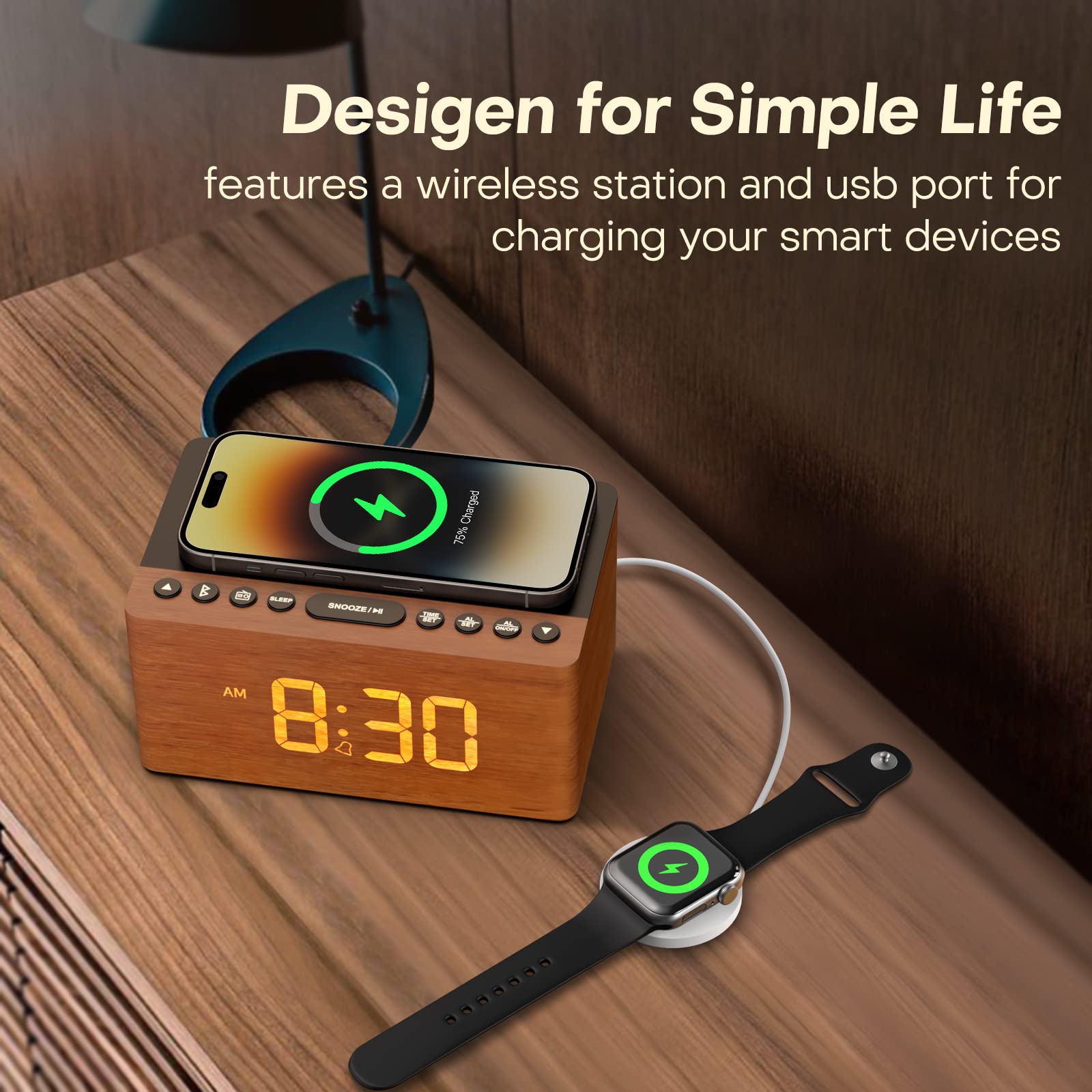 Premium Wooden Bluetooth Speaker Alarm Clock with FM Radio, Wireless Charging for iPhone & Samsung, USB Port, Dimmable Display, Sleep Timer - Digital Wooden Bedside Clock for Bedroom, Office & Travel