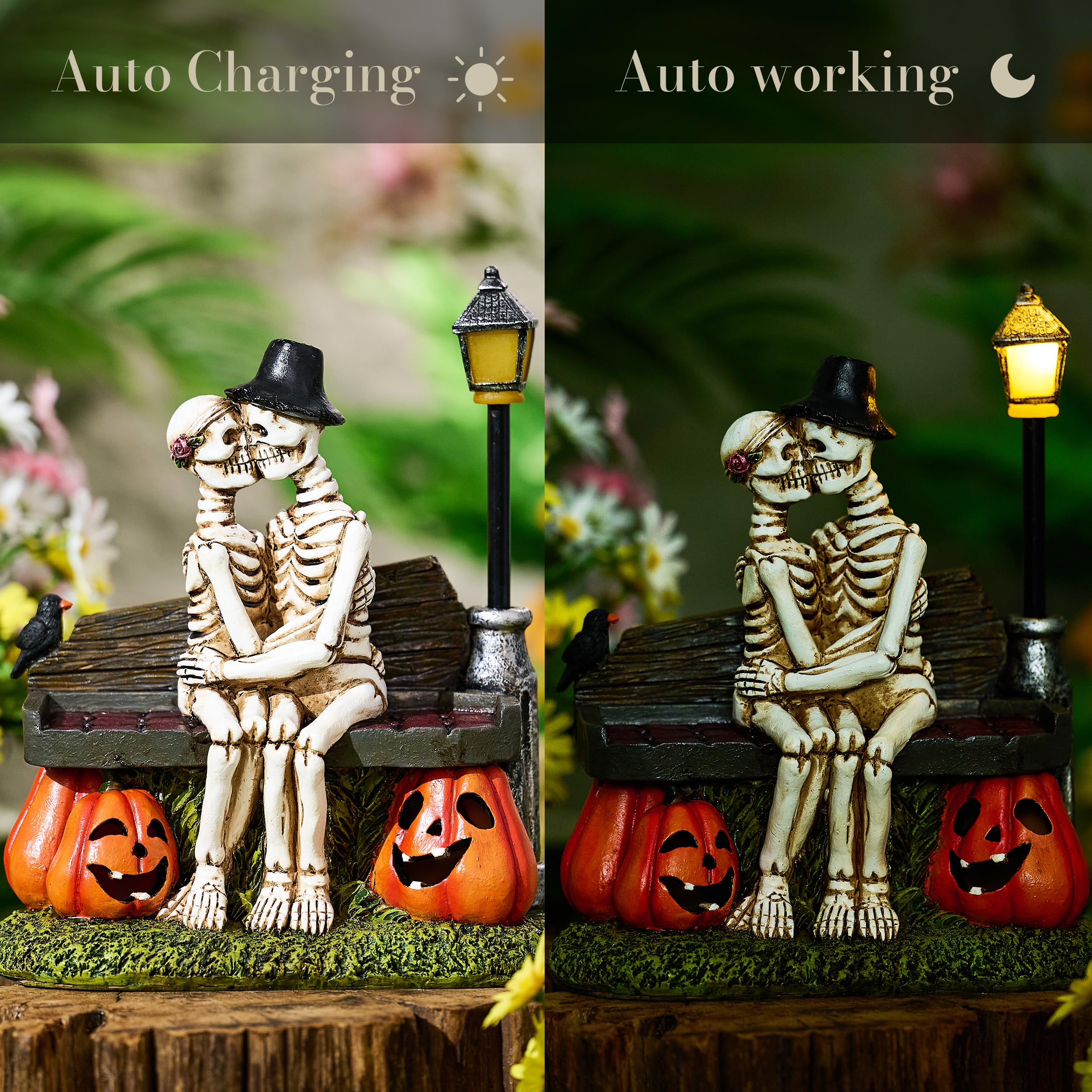 TERESA'S COLLECTIONS Love Never Dies Solar-Powered Garden Statue - Romantic Skeleton Couple on Pumpkin Chair Resin Figurine (9.5 Inch) for Outdoor Decor, Valentine's Day Gifts for Women - Perfect for Garden Pathways, Patio Decor & Anniversary Presents