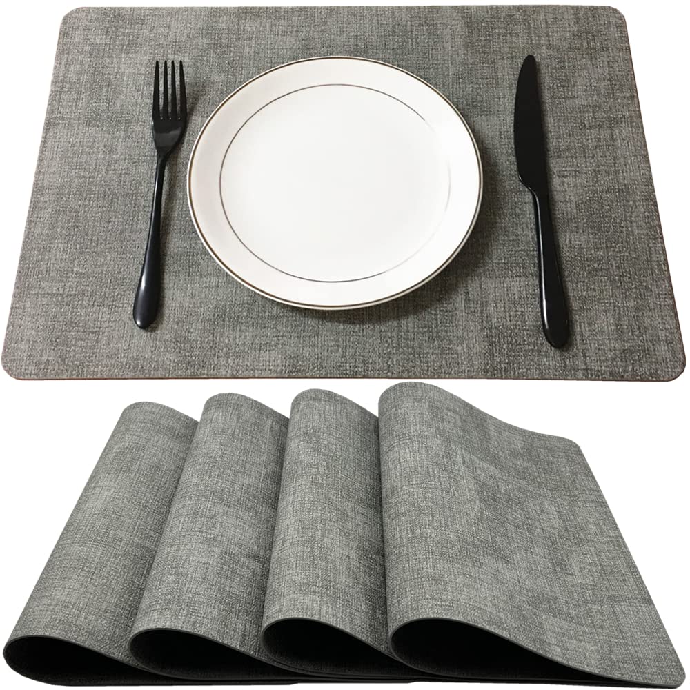 WAZAIGUR Waterproof Heat-Resistant Thick Faux Leather Placemats - Set of 4 Washable Light Gray Table Mats for Dining, Kitchen & Office Use