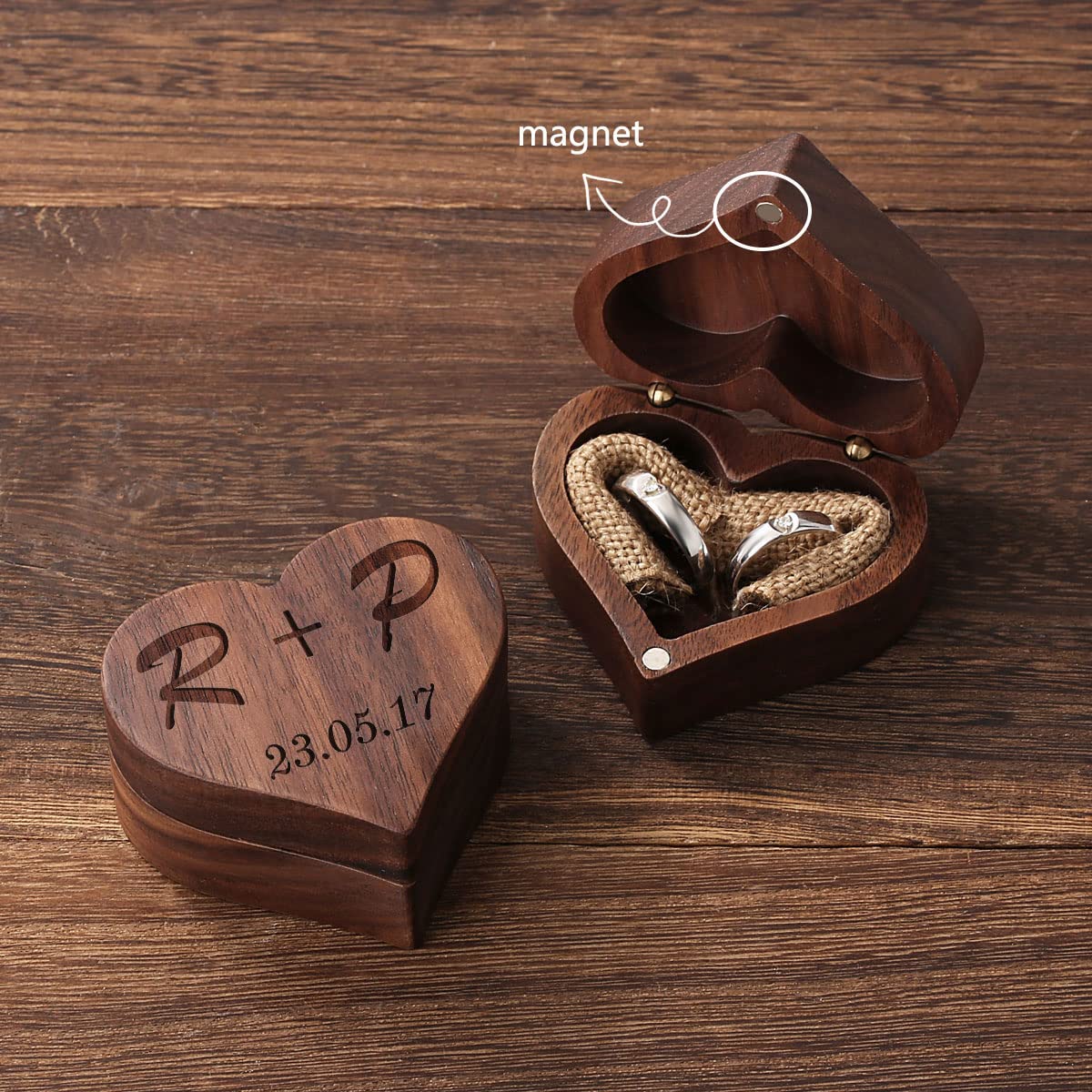 Personalized Wooden Ring Box - Heart Shaped Jewelry Box for Wedding Proposal & Engagement Gifts - Walnut Wood Ring Holder - Perfect for Anniversaries, Valentine's Day & Romantic Surprises