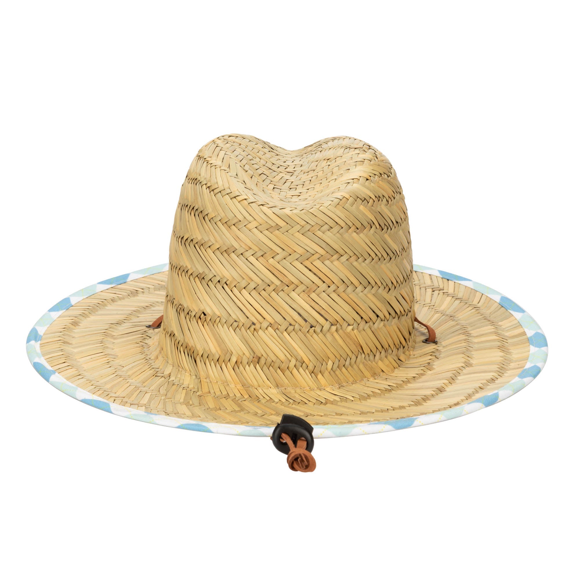 Kids Lifeguard Straw Hat with Plaid Printed Underbrim & Faux Leather Chin Strap - Sun Protection for Beach, Pool, and Outdoor Play