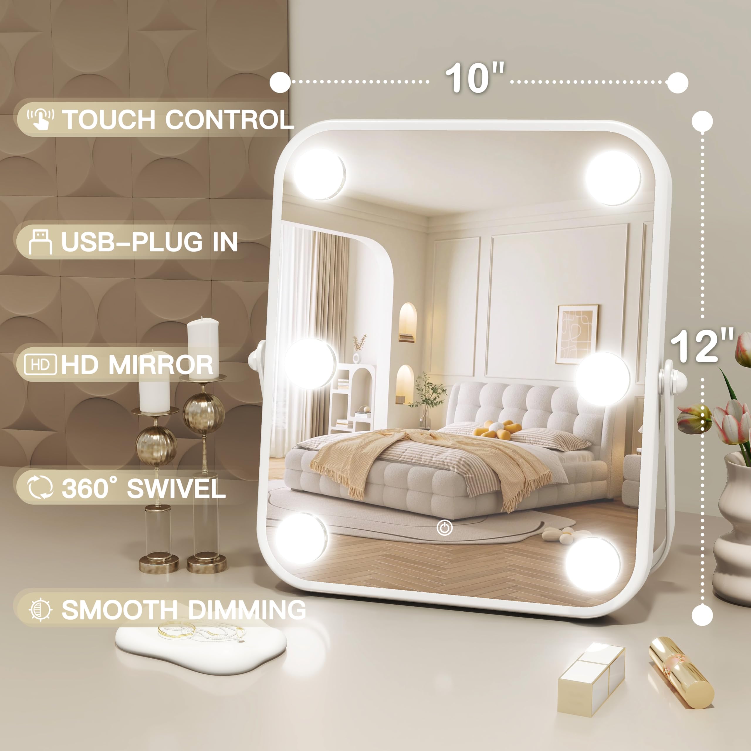 10x12 Inch Dimmable LED Vanity Mirror with Touch Control - Portable Makeup Mirror for Travel & Home