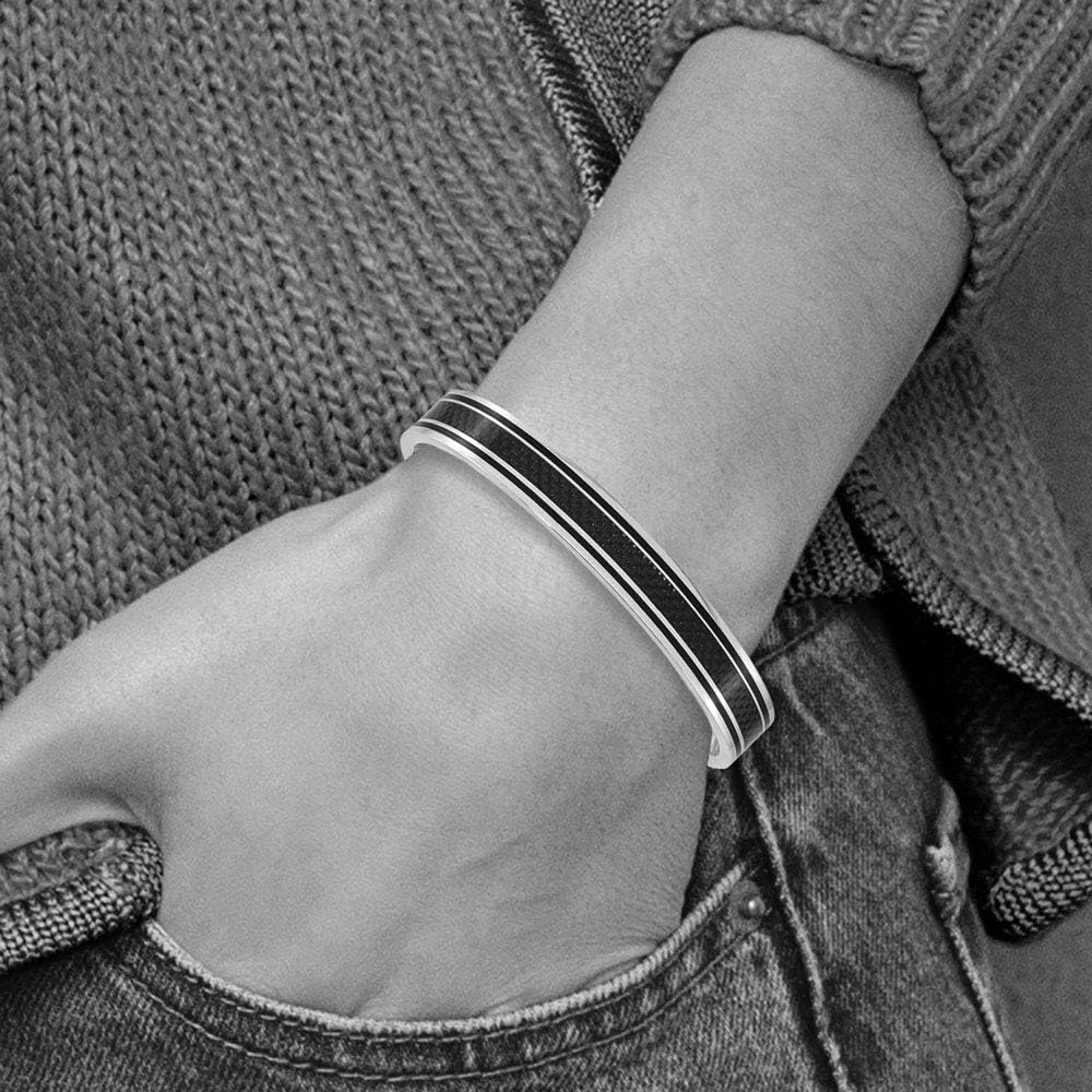 10mm Stainless Steel Black Plated Carbon Fiber Cuff Bracelet for Men - Stylish & Durable Wristband for Casual Wear, Gifts & Special Occasions