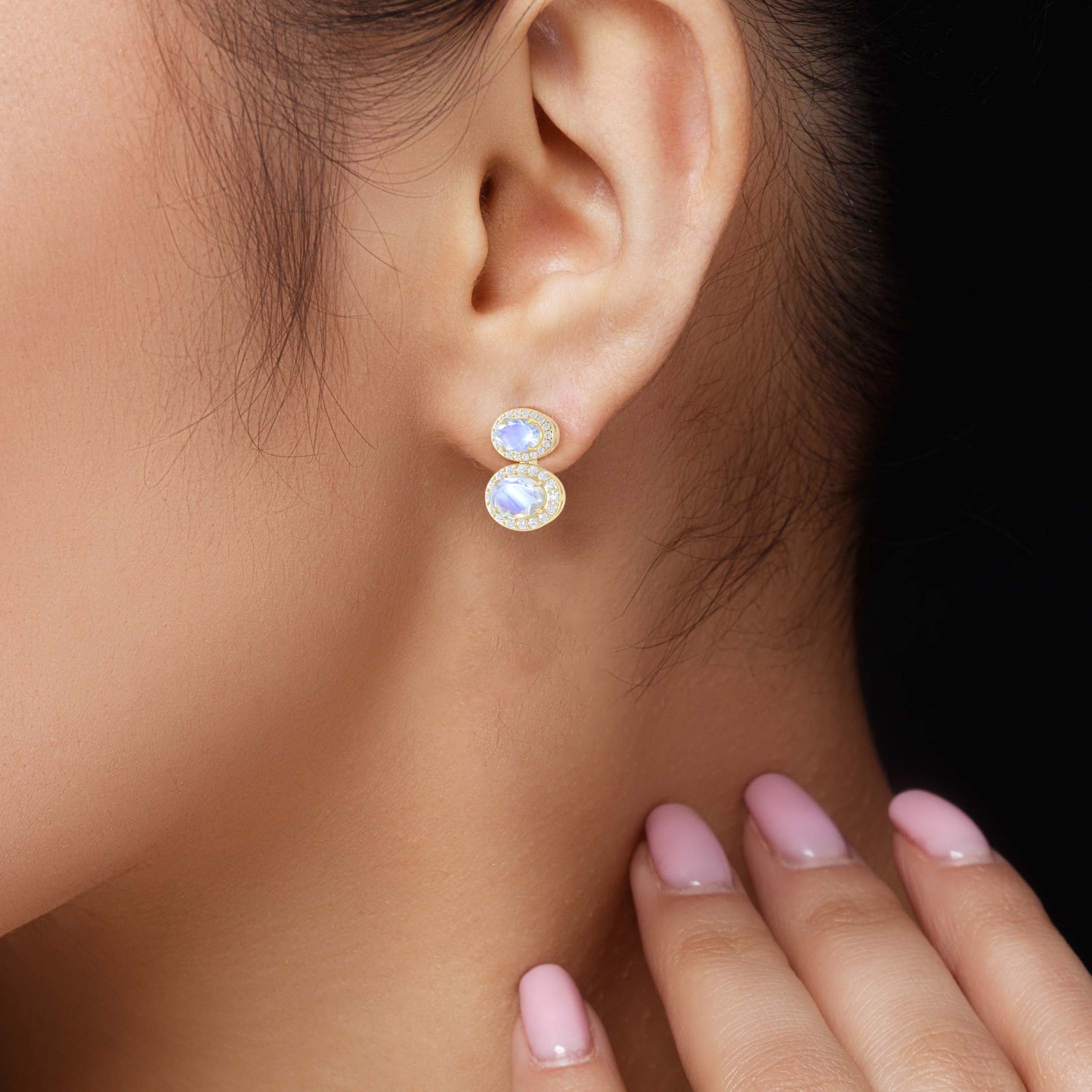 Natural Moonstone Dual Stone Halo Stud Earrings for Women - Sterling Silver 925 Hypoallergenic Jewelry - Perfect for Weddings, Parties & Everyday Wear