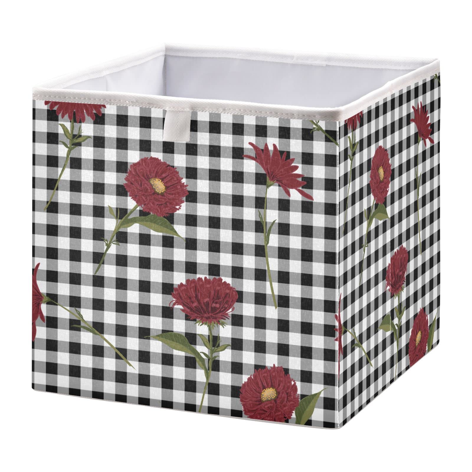 Floral Red Black White Plaid Foldable Collapsible Storage Baskets - 16 x 11 Inch Organizer Bins for Shelves, Closet, Pantry & Nursery | Perfect for Toys, Home Organization & Space Saving