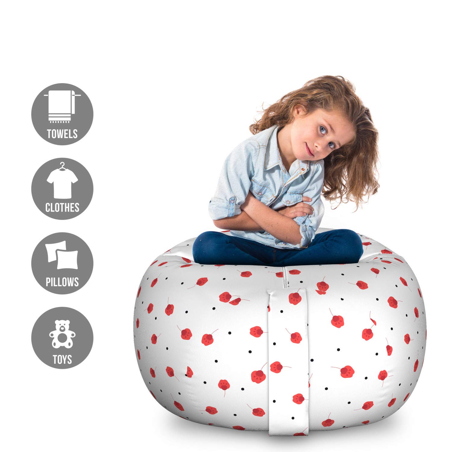 Ambesonne Floral Storage Toy Bag Chair - Large Washable Organizer with Dots & Flowers Pattern, Dark Coral & White - Perfect for Kids' Room, Playroom & Stuffed Animal Storage