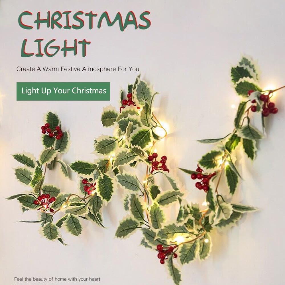 20 LED Christmas Garland with Red Berries - Battery Operated for Fireplace & Mantel Decor