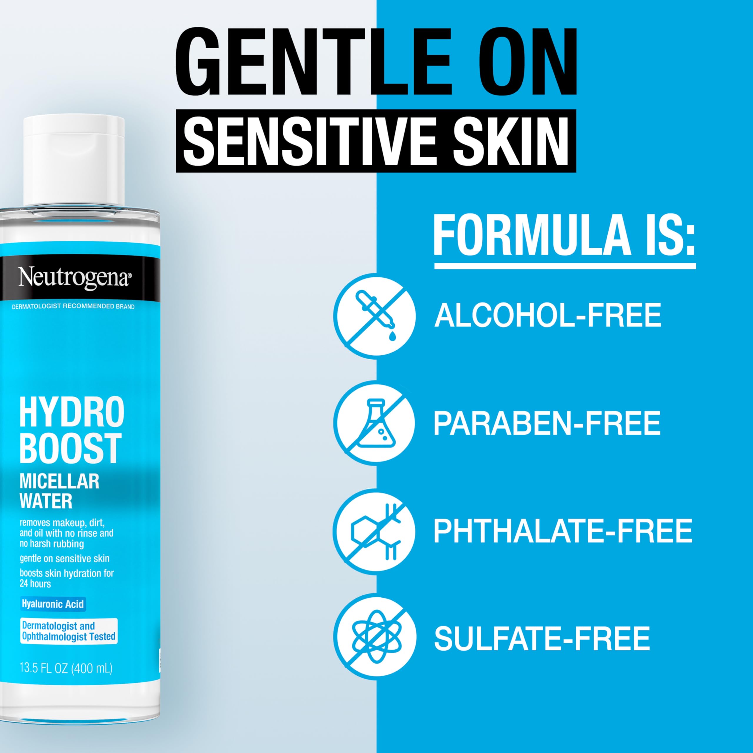 Neutrogena Hydro Boost Micellar Water with Hyaluronic Acid - 13.5 fl oz Gentle Makeup Remover for Sensitive Skin | Oil-Free, Non-Comedogenic Facial Cleanser | Perfect for Daily Skincare & Travel Essentials