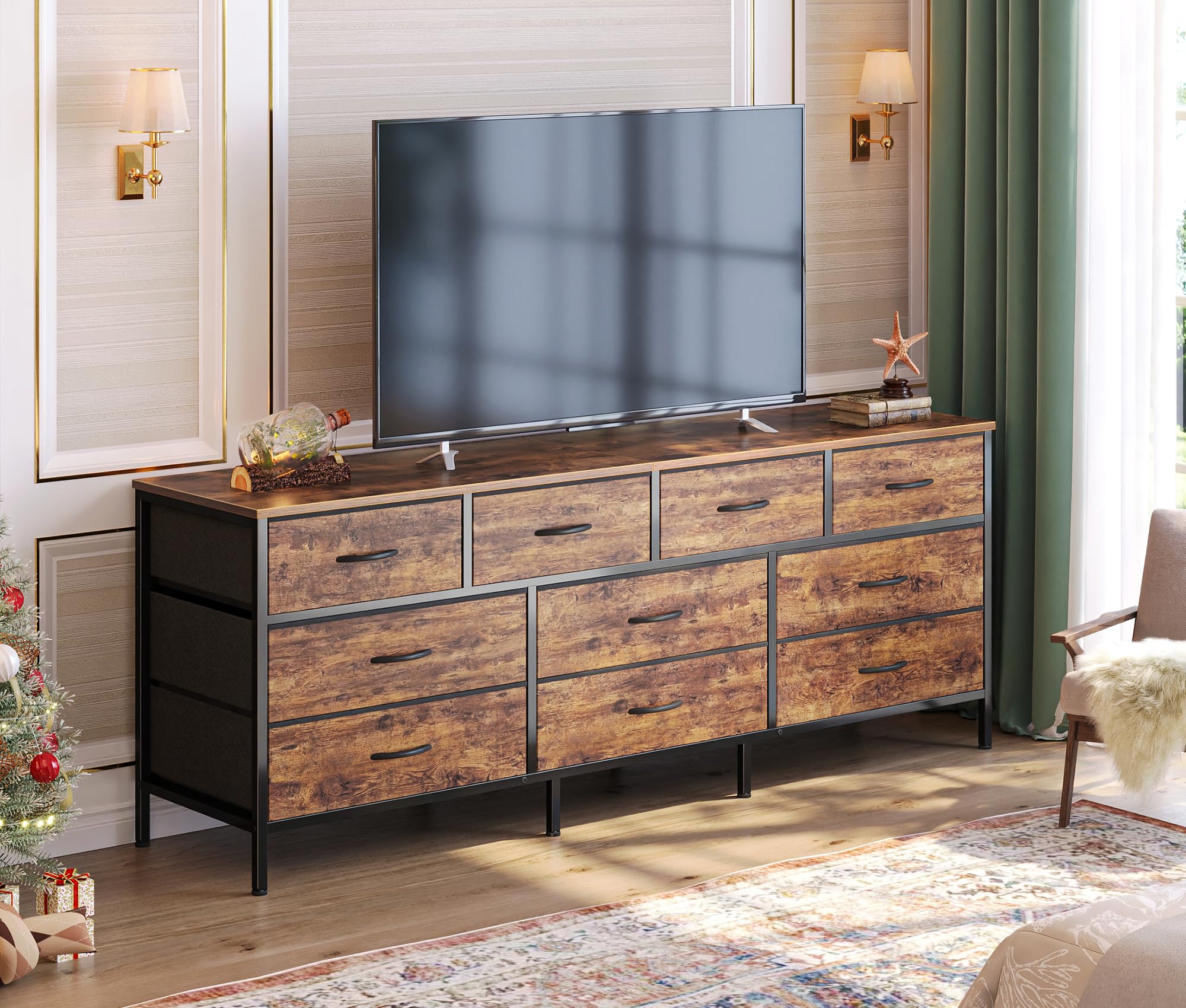 Huuger 63 Inch Rustic Brown Dresser with 10 Fabric Drawers - Bedroom Storage Organizer, TV Stand for 55-70 Inch TVs, Toy & Closet Organizer - Perfect for Home, Office, and Nursery Organization