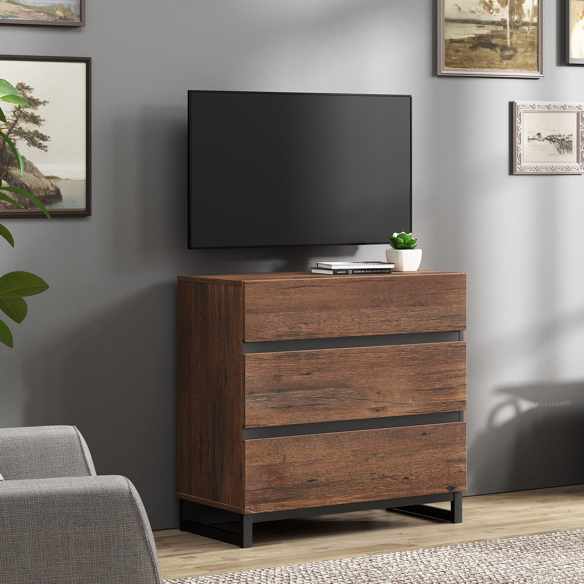 WAMPAT 42 Inch Modern TV Stand with 3 Drawers & Metal Base - Entertainment Center TV Console for Living Room & Bedroom - Brown Wood Media Cabinet for Flat Screen TVs - Perfect for Small Spaces & Apartment Decor