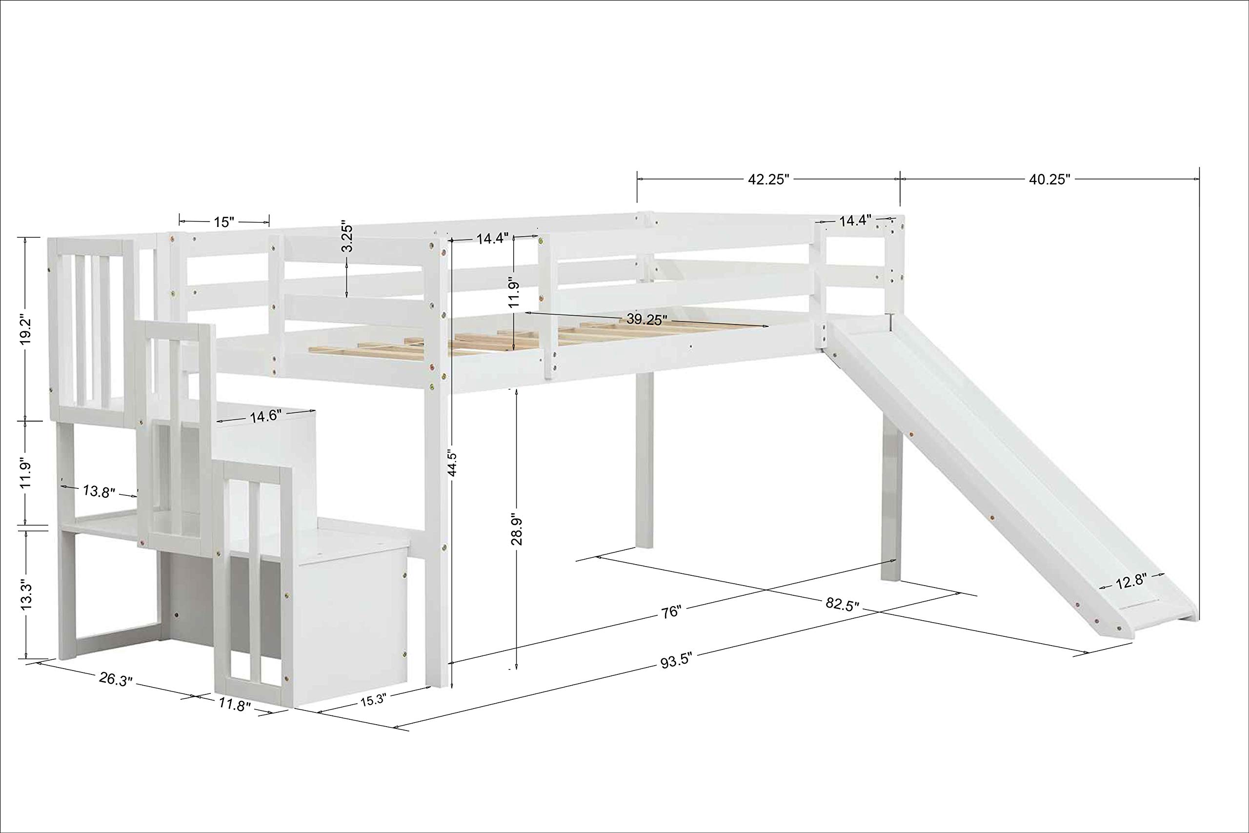 Merax Solid Wood Twin Size Low Loft Bed with Adjustable Slide & Staircase - No Box Spring Needed - White - Perfect for Kids' Rooms, Small Spaces & Dorm Rooms
