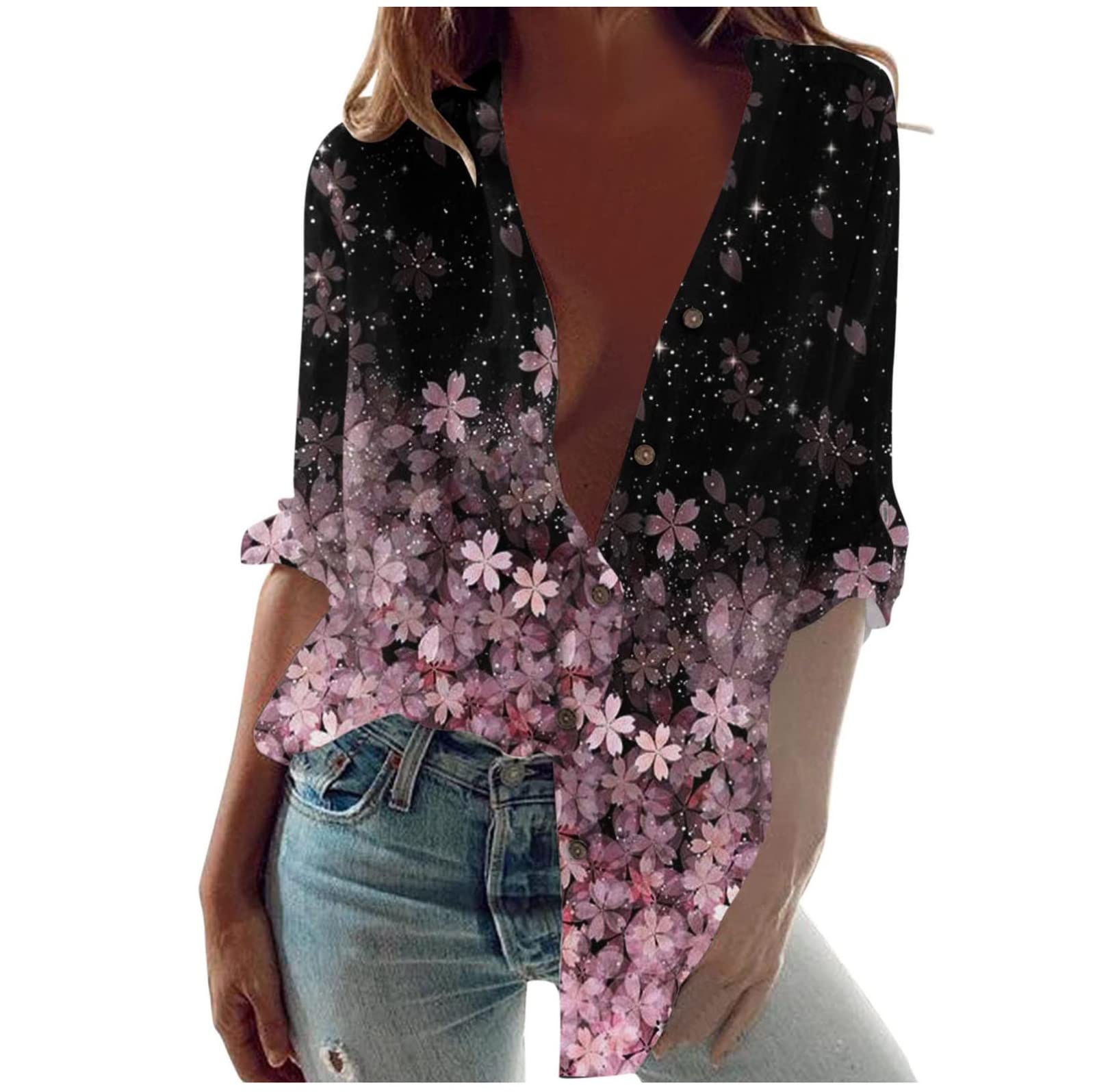 Women's Casual Long Sleeve Printed Blouse - Round Neck Loose Fit Button Down Tunic Top for Everyday Wear, Office & Layering with Cardigans