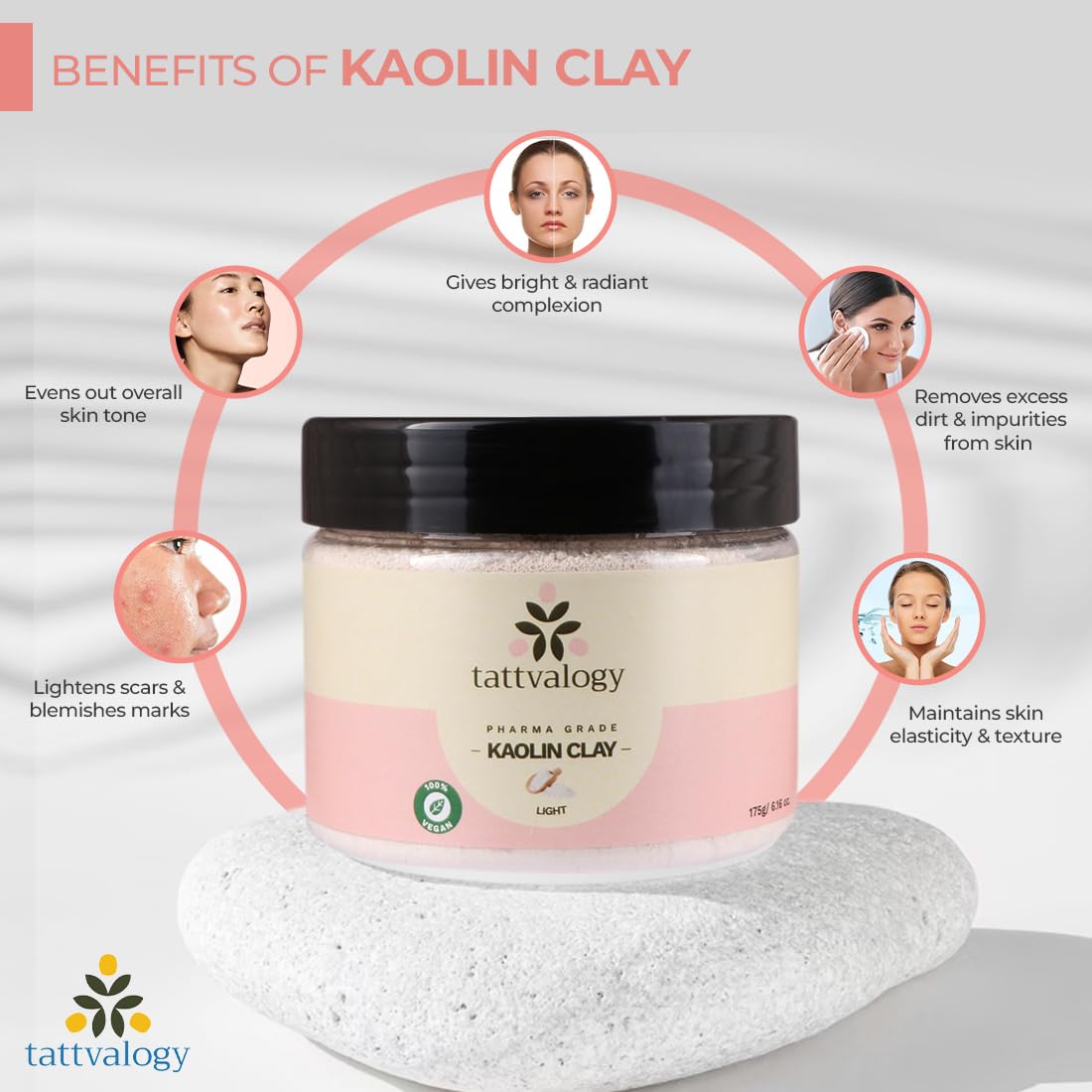 Tattvalogy Pharma Grade Kaolin Clay Powder - 175g | Organic White China Clay for Acne, Blackheads & Detan | Vegan, Paraben-Free Facial & Hair Mask in Glass Jar | Perfect for Spa Days & Skincare Routines
