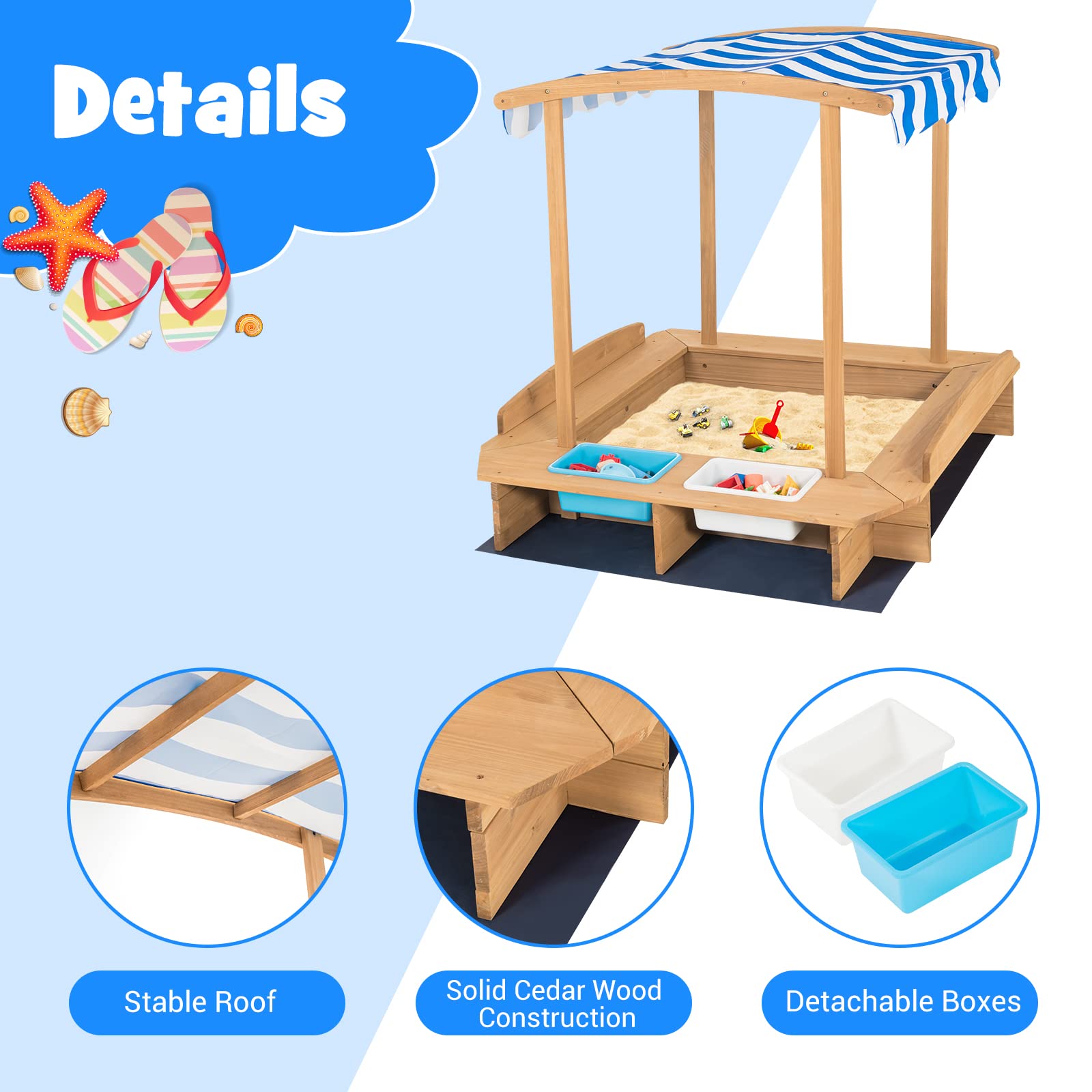 **HONEY JOY Kids Sandbox with Canopy - Outdoor Wooden Sand Pit with Liner, 2 Storage Bins & Built-in Benches - Square Backyard Sandbox for Toddlers & Children - Perfect for Playtime, Sensory Activities & Outdoor Fun**