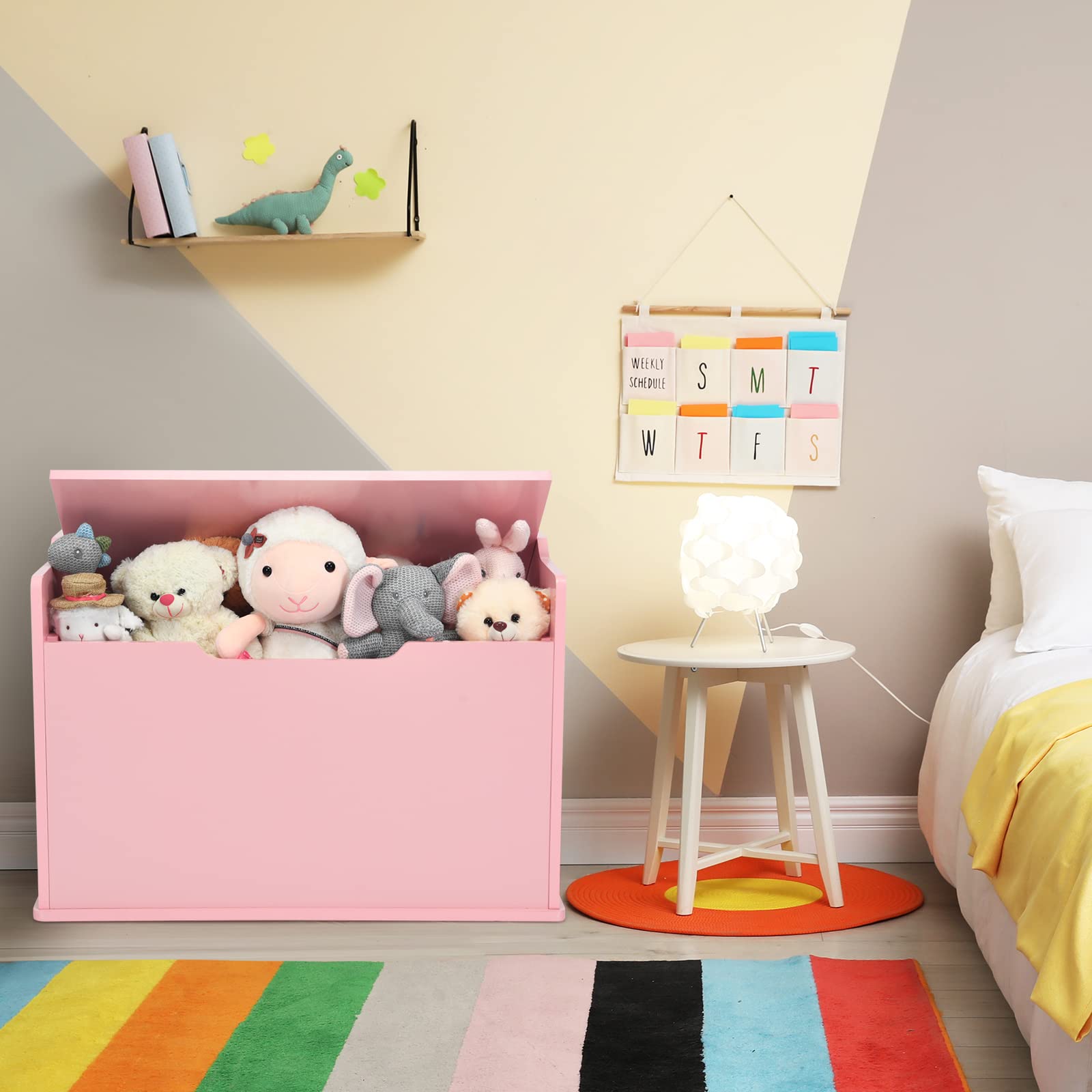 Costzon Kids Wooden Toy Storage Chest with Bench Seat - Safe Finger-Pinch Prevention Lift-Top Design, Multi-Functional Toy Box Organizer for Bedroom, Playroom & Nursery - Pink (Perfect for Toy Storage, Kids Room Decor & Entryway Seating)