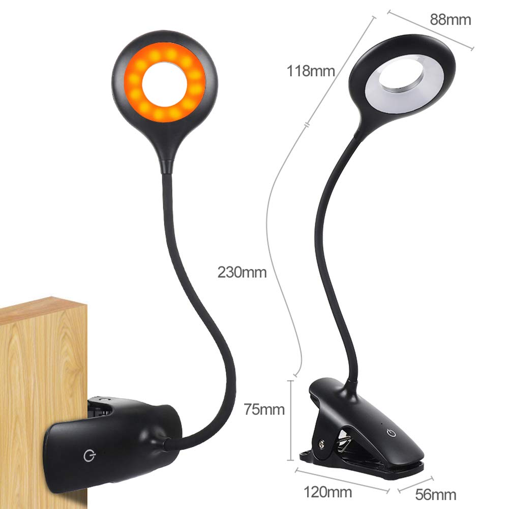 Rechargeable Clip-On Reading Light for Bed - Adjustable 5 Brightness Levels, Flexible Neck, Touch Control Dimmable Desk Lamp, Amber Night Light (Black) - Perfect for Reading in Bed, Studying, or as a Gentle Night Light