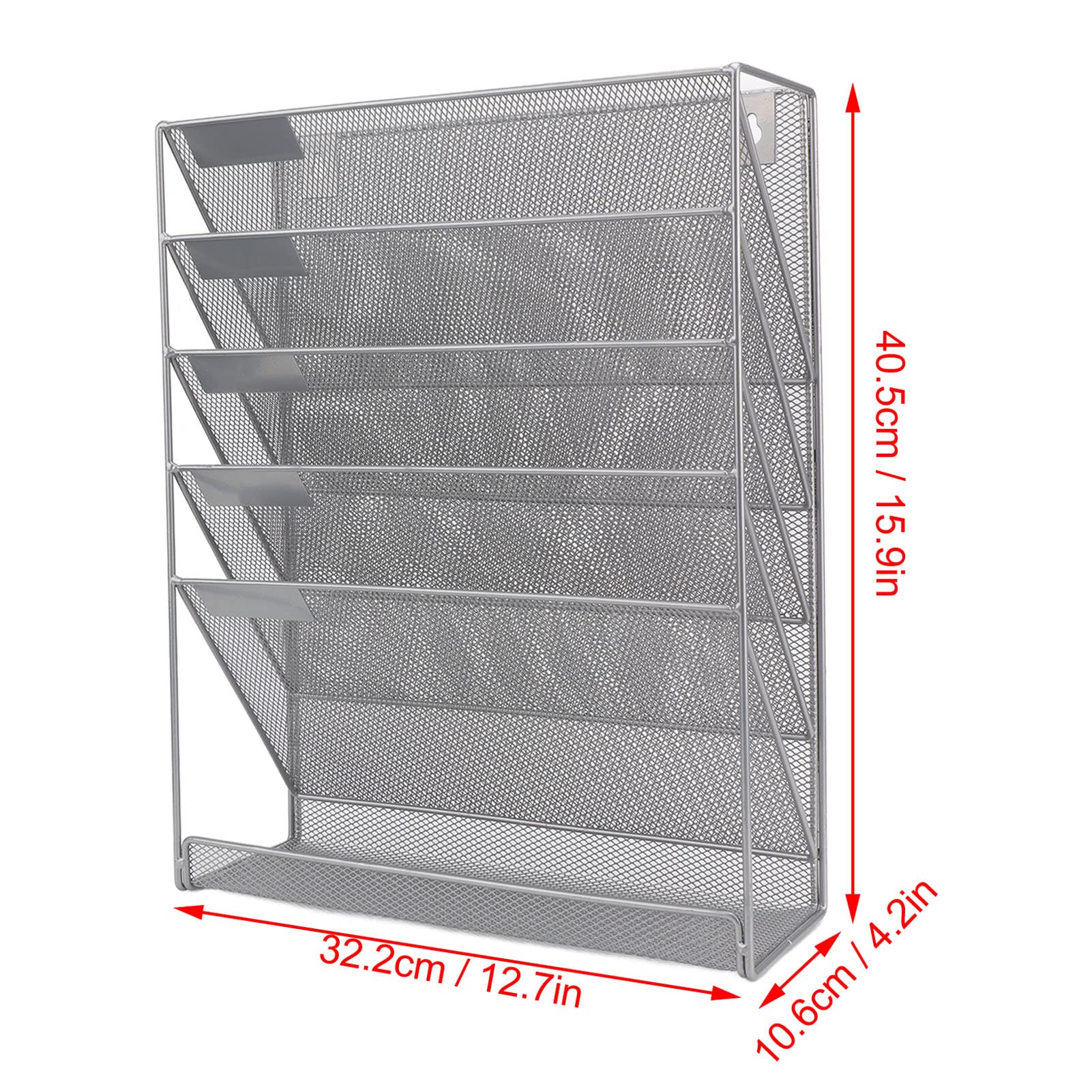 5 Tier Wall File Organizer - Metal Wall Mounted Magazine Rack for Office & Home - Space Saving Document Storage Shelf for Bills, Letters, Books - Silver Grid Holder for Organization & Decluttering