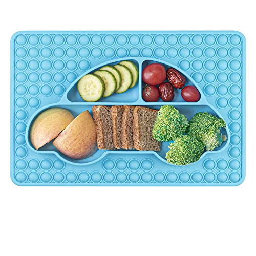 BPA-Free Silicone Toddler Plates with Fidget Toy Poppers - XL Baby Dinner Plates with Non-Slip Placemat for Kids - Fun Bubble Pop Sensory Toy for Mealtime, Travel & Playtime (Blue)