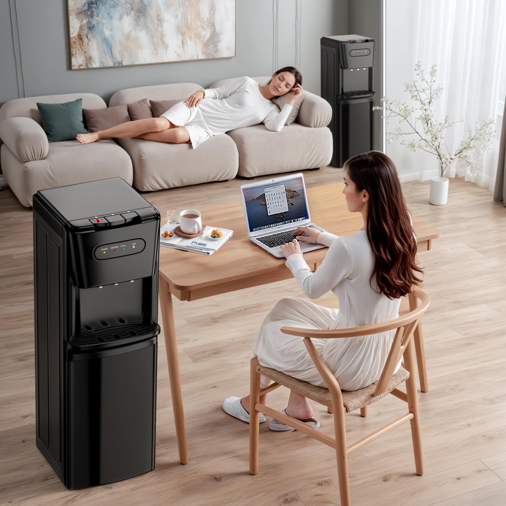 **Bottom Loading Water Cooler Dispenser - Hot, Cold & Cool Water for 3/5 Gallon Bottles with Empty Bottle Indicator & Child Safety Lock - Perfect for Office, Home & Living Room (Black) - Stay Hydrated at Work or Relaxing**