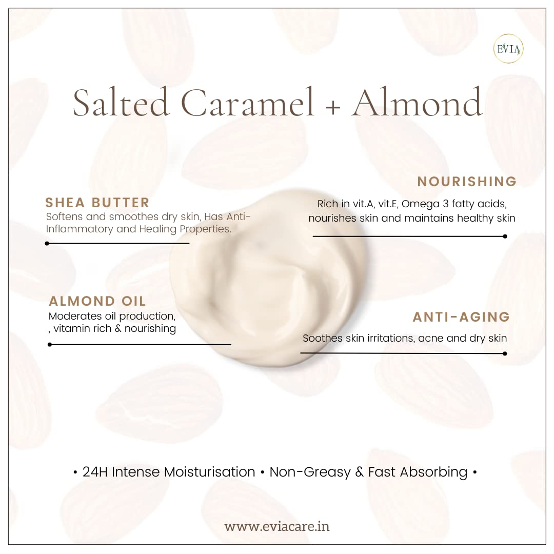 Evia Salted Caramel & Almond Body Butter 120g - Nourishing Almond Oil & Shea Butter Moisturizer for Dry Skin | Perfect for Winter Care & Daily Hydration