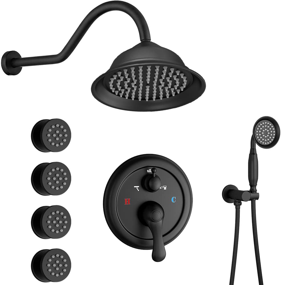 KATAIS Matte Black Shower Faucet Set - 8 Inch Wall Mount Rain Shower System with Pressure Balance Valve & Body Sprayers | Vintage Bathroom Fixtures for Modern Showers | Perfect for Spa-Like Experience and Luxury Home Renovation