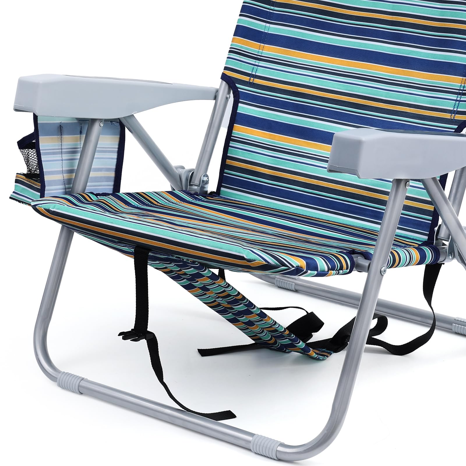 **Heavy Duty Folding Beach Chair for Adults - 4 Position Adjustable Backpack Beach Chair with Large Cooler Pouch, Supports 350LBS (Stripes Blue, Cyan & Yellow) - Perfect for Beach, Camping, Picnics & Outdoor Relaxation**