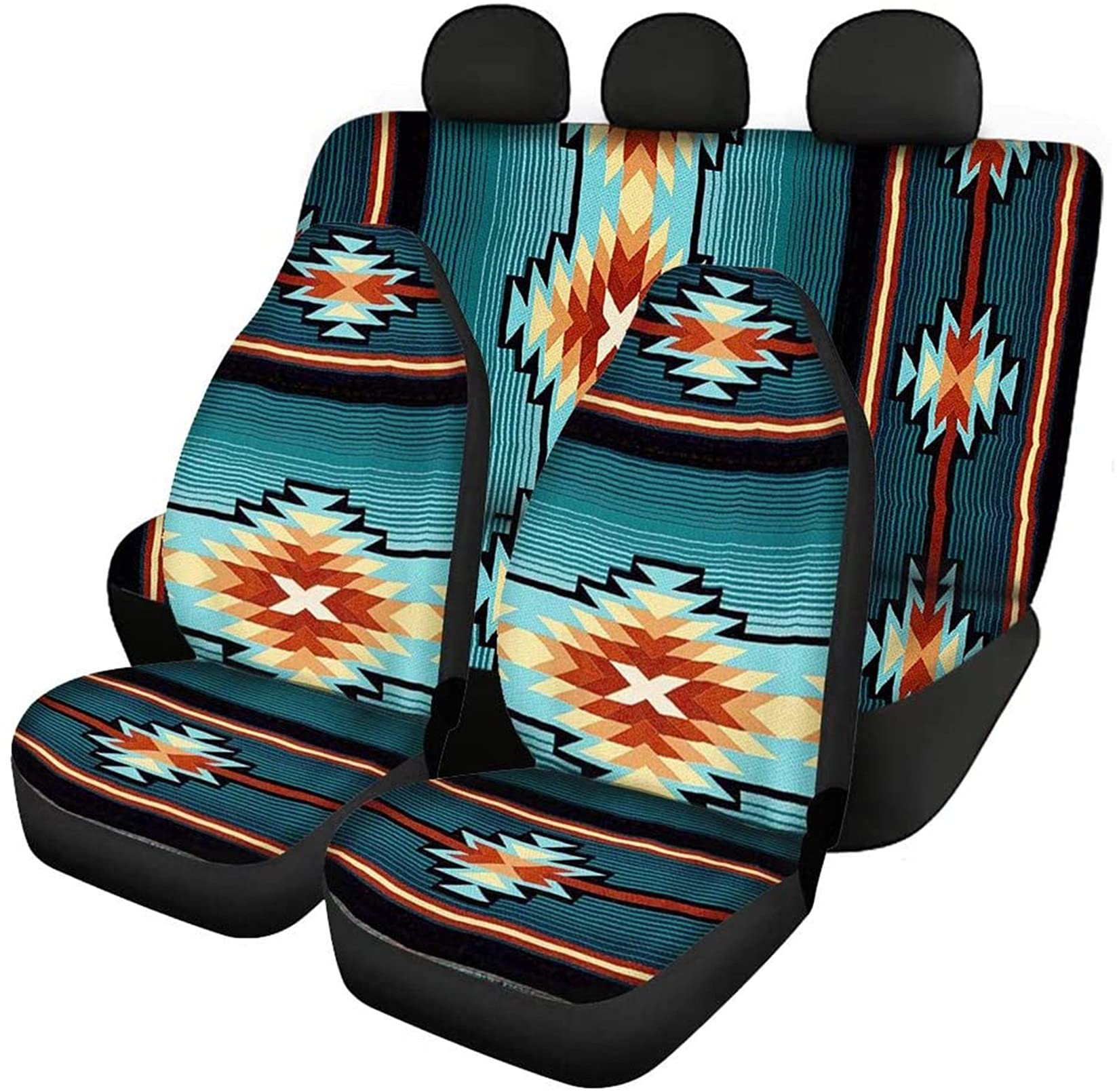 Renewold Universal Fit Car Seat Covers - Airbag Compatible Aztec Print Front & Back Bench Seat Covers (4-Pack) | Durable Flat Cloth Protection for Cars, Trucks & SUVs | Perfect for Daily Commute, Road Trips & Family Travel