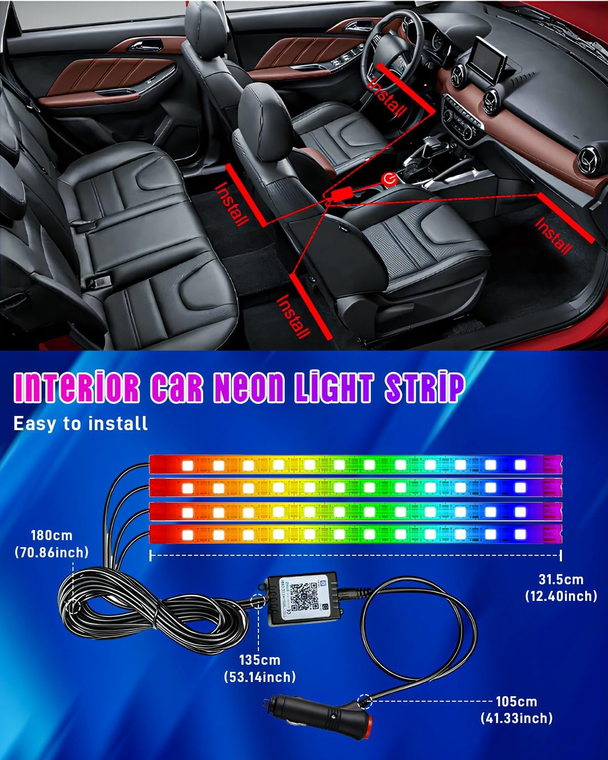 Smart RGB LED Car Strip Lights - APP & Remote Control, 12V Interior Lighting Kit for Footwell & Dash with Music Sync - Perfect for Car Decor & Night Driving