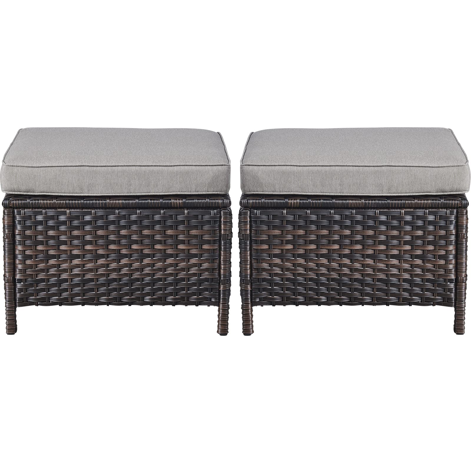 All-Weather Outdoor Rattan Ottoman Set of 2 - Patio Seating Footstool with Soft Cushions - Perfect for Garden, Deck, Poolside & Backyard Relaxation