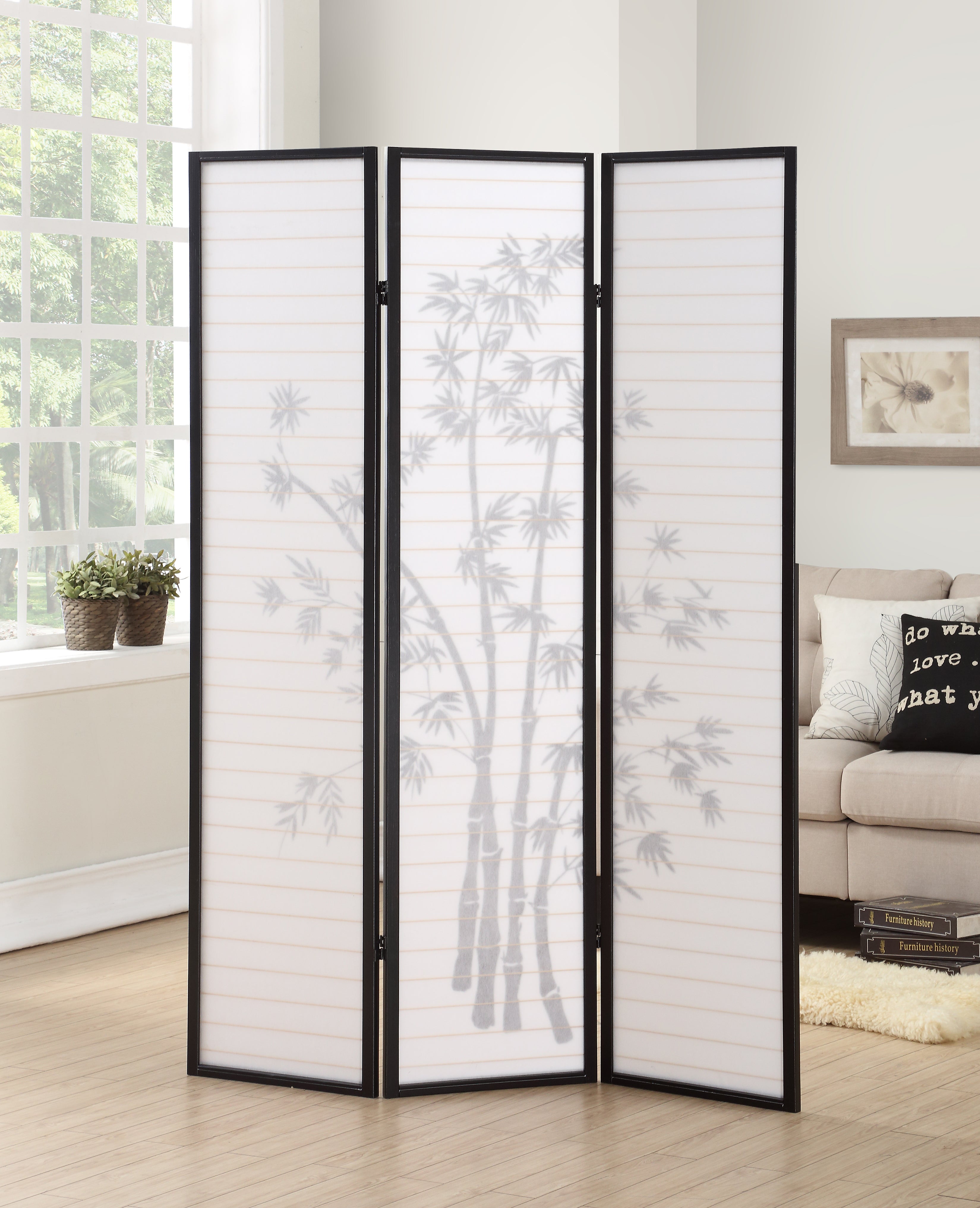 Roundhill Furniture 3 Panel Oriental Shoji Screen Room Divider - Black Bamboo Folding Partition for Home Office, Bedroom Privacy & Asian Decor