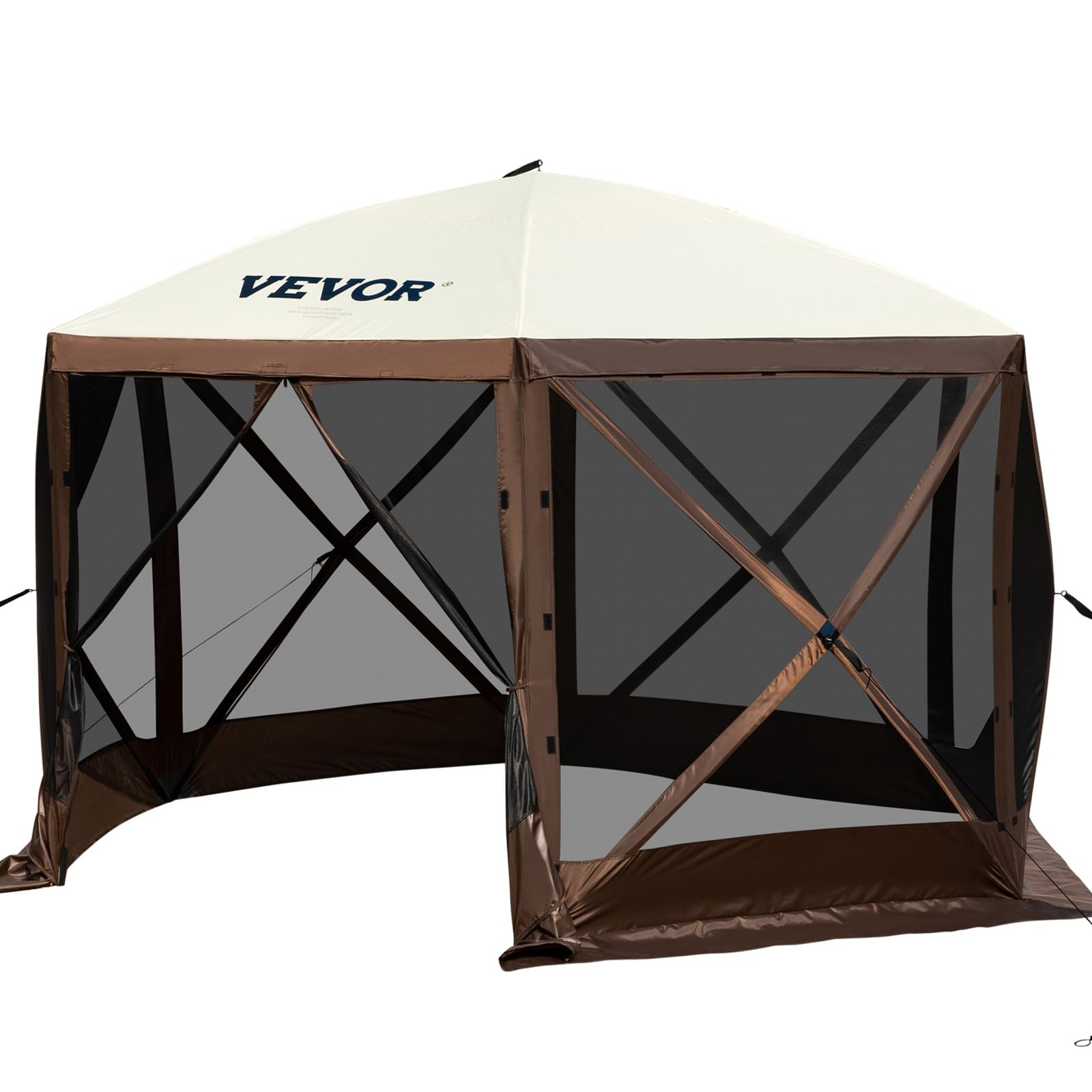 VEVOR 12x12ft 6-Sided Pop Up Canopy Tent with Mesh Windows & Carry Bag - Portable Outdoor Shade Shelter for Camping, Beach, Backyard, Picnics, Parties (Brown/Beige) - Includes Stakes & Windproof Design