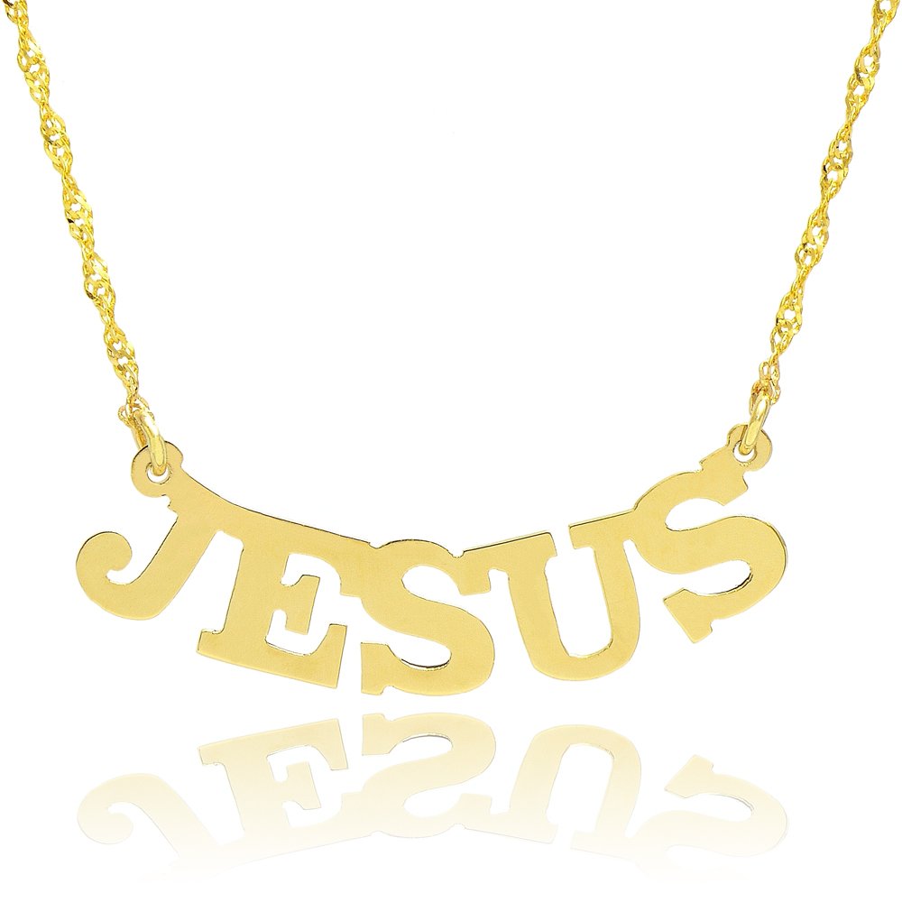 14K Yellow Gold Custom Jesus Name Necklace - Personalized Curved Pendant for Women & Men - Perfect for Baptism, Confirmation, Gifts & Everyday Wear