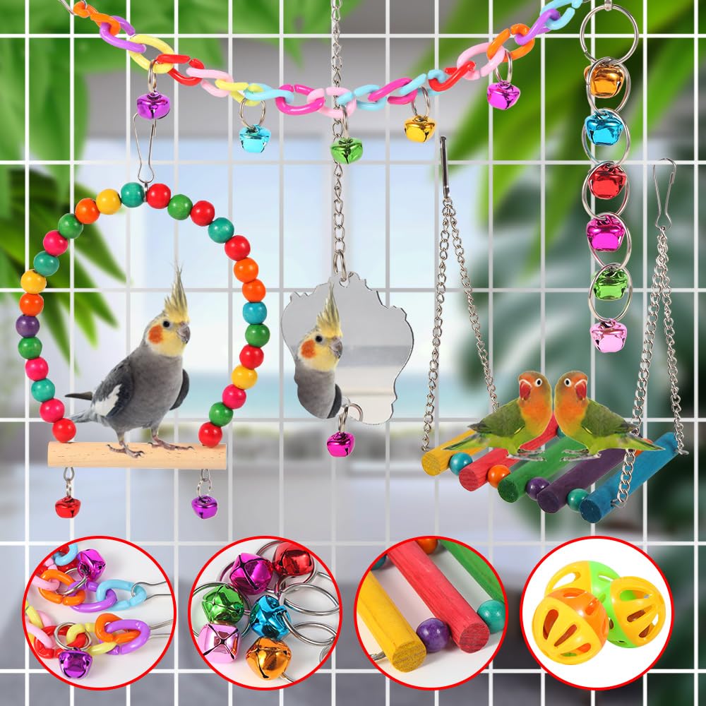 9Pcs Bird Toys for Parakeets - Wooden Ladder Bridge, Swing Hammock & Cage Accessories for Conure, Cockatiel, Love Birds, Finches, Mynah, Budgerigar | Perfect for Climbing, Playing & Exercise in Bird Cages