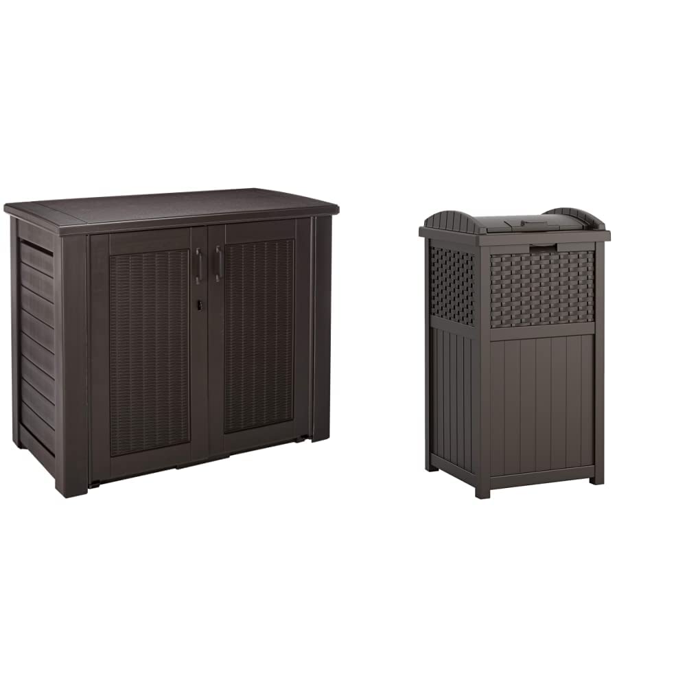 Rubbermaid 123-Gallon Outdoor Storage Deck Box with Suncast 33-Gallon Trash Can - Waterproof Patio Furniture Storage Solution for Backyard, Deck, and Garden Organization