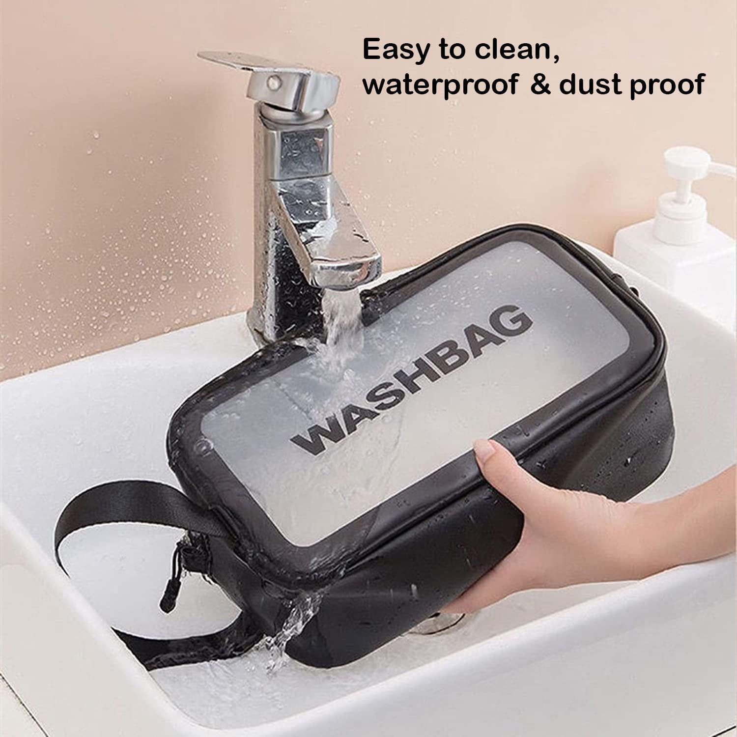 **JAPVA MART Clear Travel Toiletries Bag - Waterproof Cosmetic Makeup Organizer for Women, PVC Portable Wash Bag for Business & Bathroom Essentials (Medium, Black) - Perfect for Air Travel, Gym & Weekend Getaways**