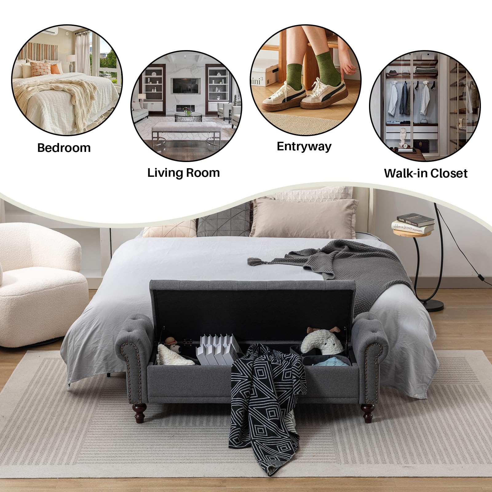 Upholstered Linen Storage Bench with Tufted Cushion & Rolled Arms - Large Ottoman for Bedroom, Living Room, Entryway - Grey Storage Seat Perfect for Reading Nook & Extra Seating